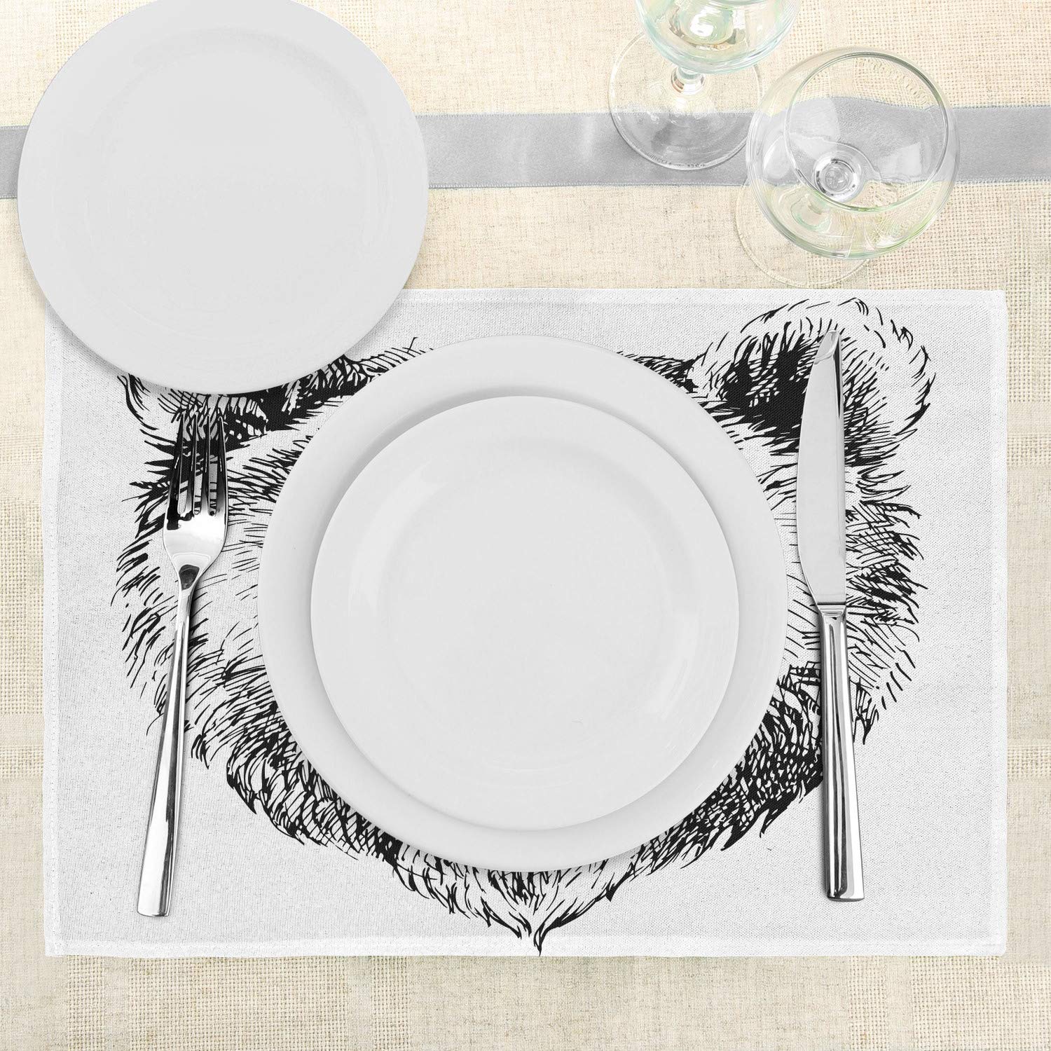 Ambesonne 4-Pack Animal Placemats - Hand Drawn Grizzly Bear Wildlife Artwork, Nature Themed Washable Fabric Placemats for Dining Table & Kitchen Decor (Black & White) | Perfect for Dinner Parties, Holiday Gatherings & Everyday Meals