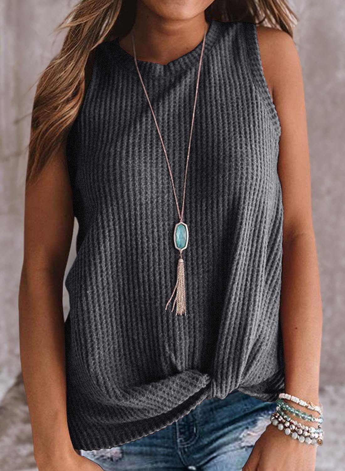IWOLLENCE Women's Waffle Knit Tank Top - Casual Sleeveless Blouse with Twist Knot Detail | Summer Beachwear, Layering Tops & Casual Outfits