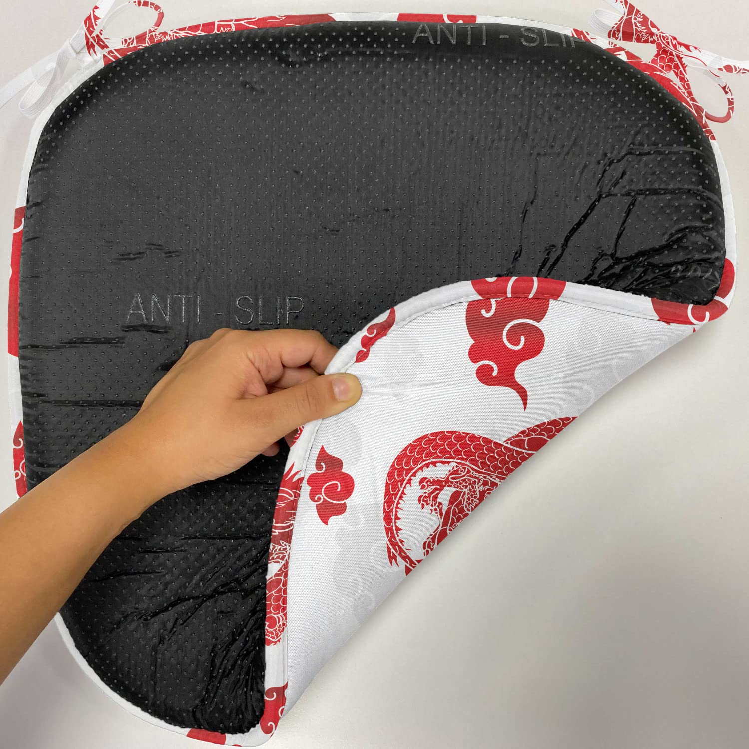Lunarable Dragon Chair Cushion Set of 12 - Blood Red Flying Dragon with Red Clouds Mythological Design - Anti-Slip Kitchen & Patio Seat Pads 16x16 Inches - Perfect for Dining Chairs, Outdoor Furniture, and Home Decor (Red/White)