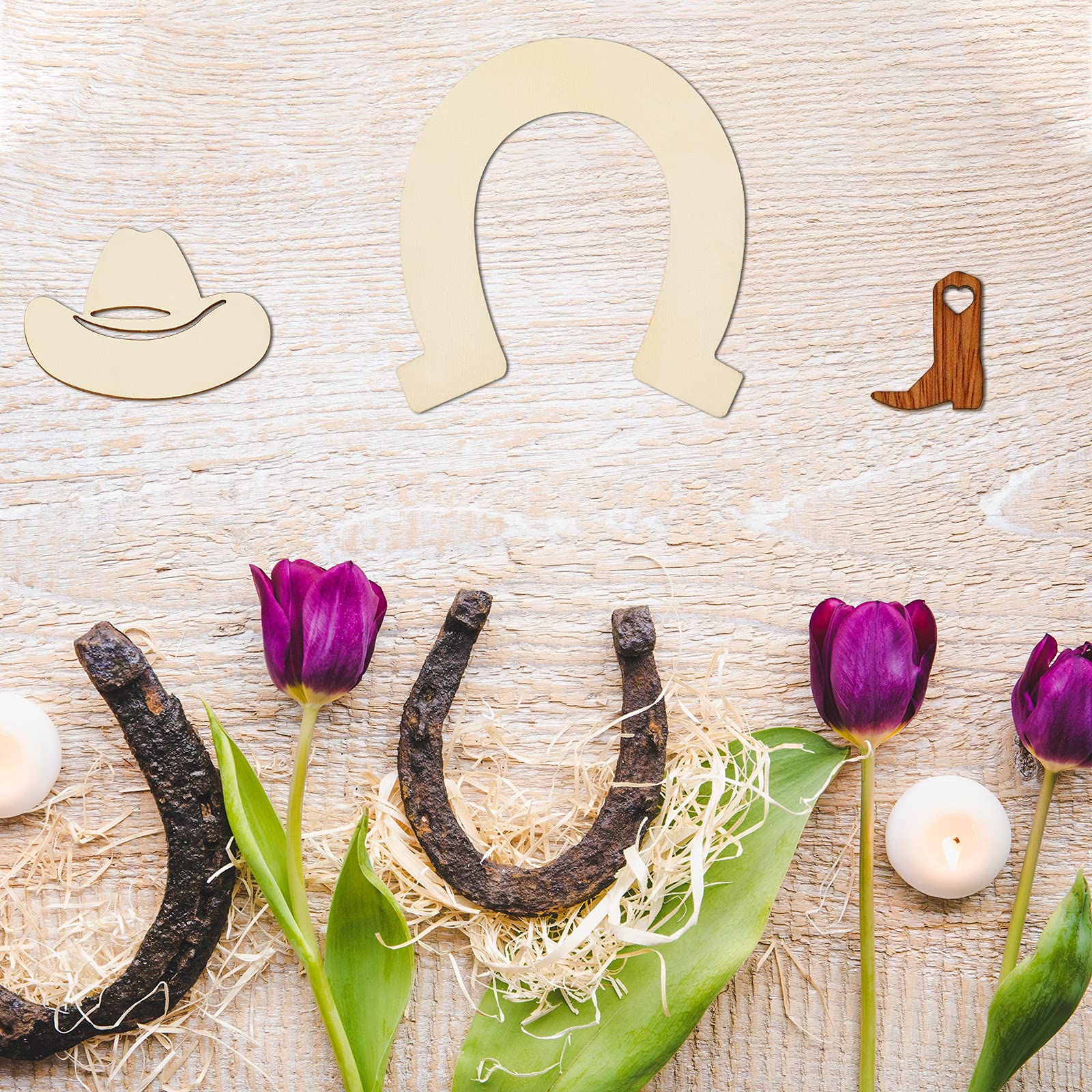 72 Pieces Unfinished Cowboy Wooden Cutouts - Horseshoe & Boot Shapes for Western Party Decor, DIY Crafts, Wedding Centerpieces | Perfect for Cowboy Themed Parties, Home Decor, and Rustic Wedding Decorations