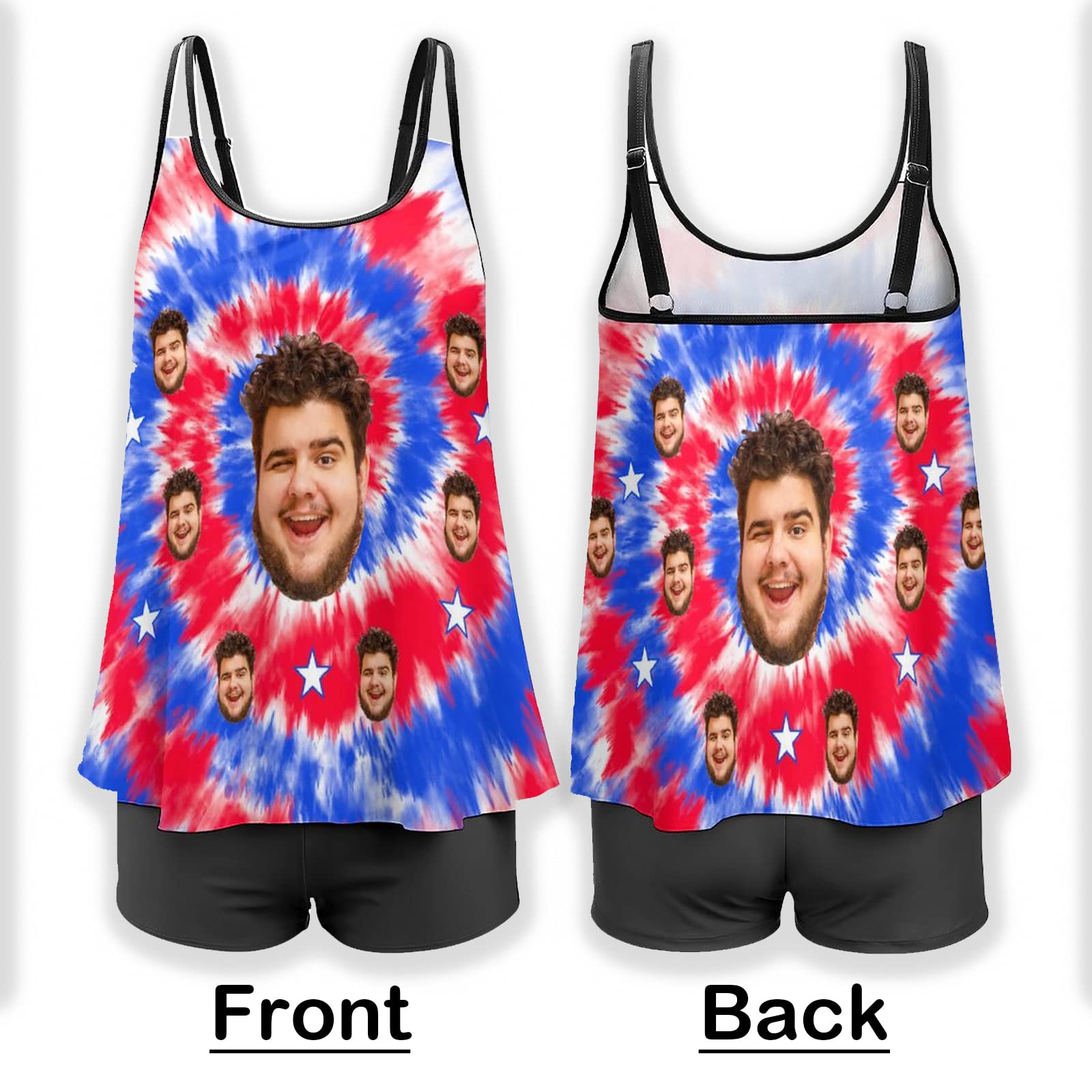 Custom Personalized Face Print Tankini Swimsuits for Women - 2 Piece Bathing Suits with Husband/Boyfriend Photo - Matching Swim Shorts & Top for Beach, Pool & Vacation