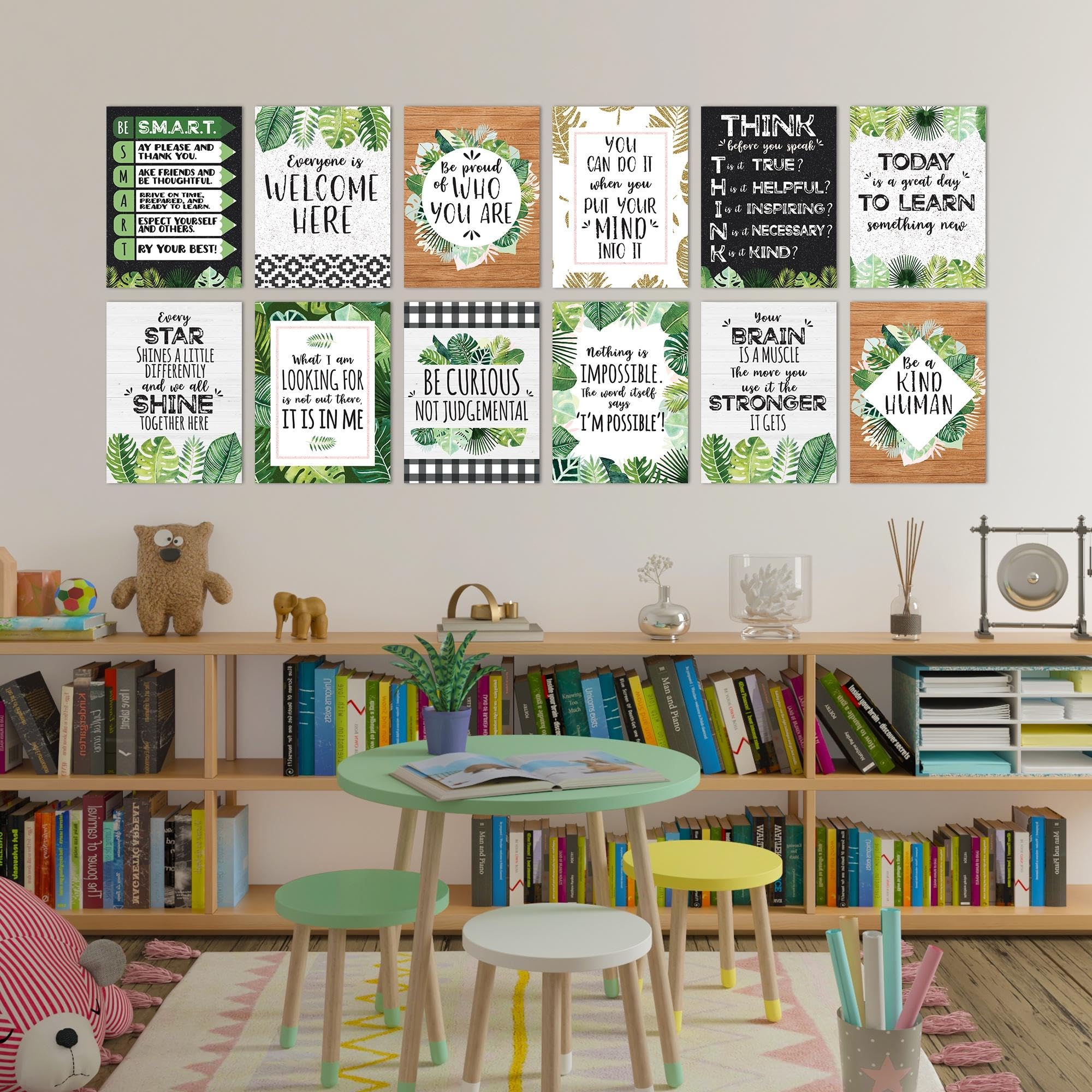 Wallbuddy Set of 12 Motivational Quotes Wall Art - Farmhouse Style Inspirational Home Decor for Women | Unframed Positive Affirmation Botanical Prints with Green Leaf Design | Perfect for Bathroom, Bedroom & Office Wall Decor (12X16 Inches)