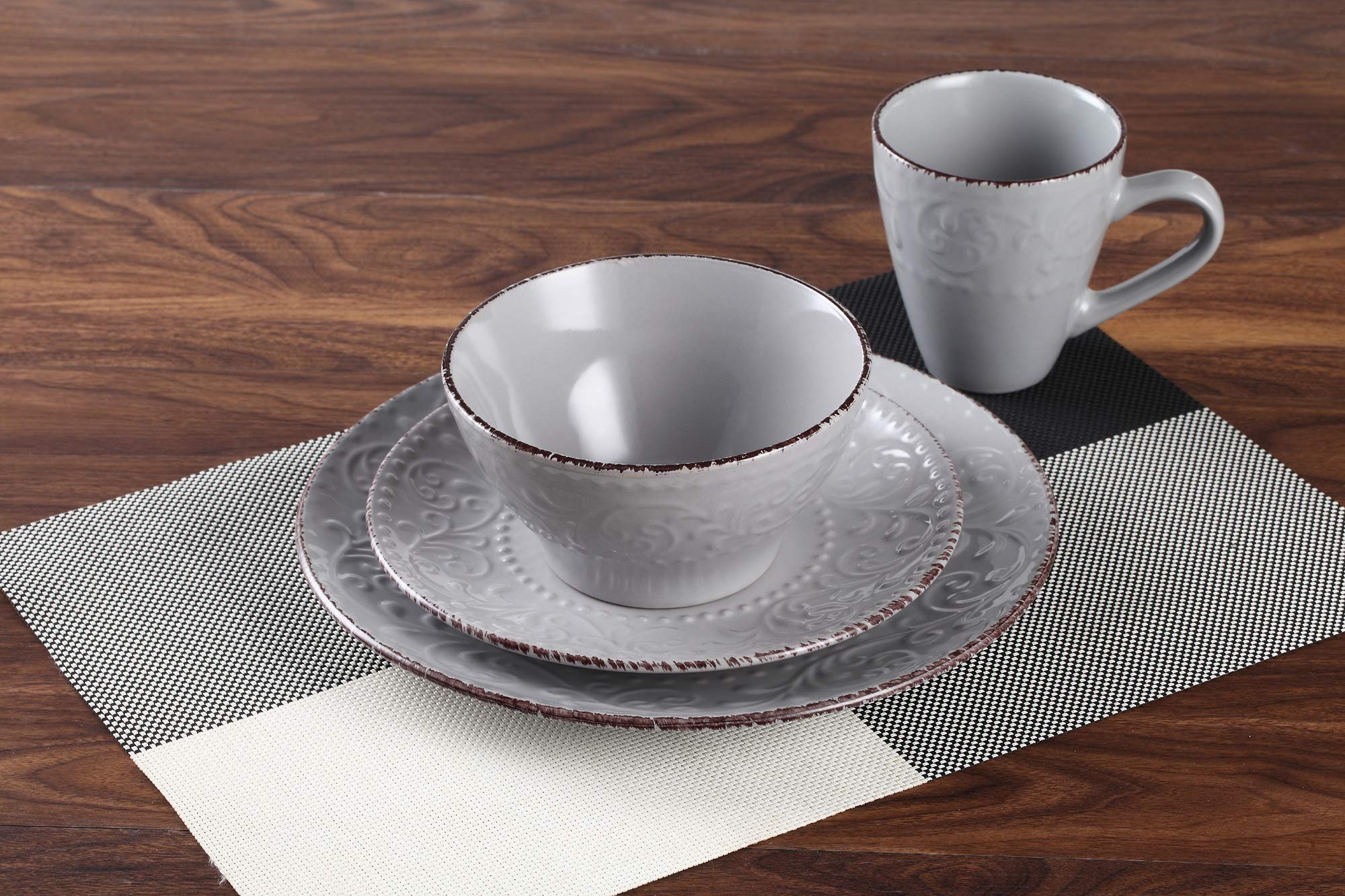Elegant Modern Stoneware Scroll Dinnerware Set - 16-Piece Gray Tableware for Dinner Parties, Weddings & Entertaining | Durable Dish Set for Formal Dining & Special Occasions