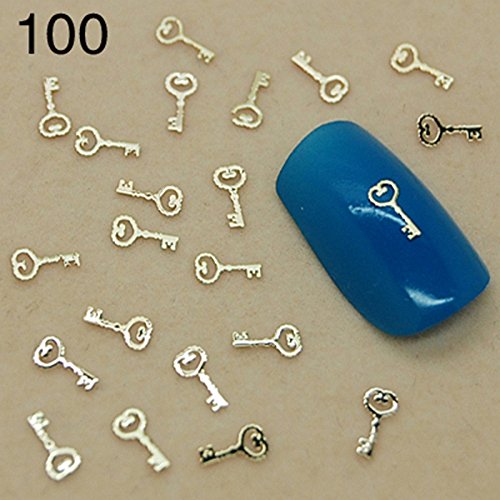 Golden Metal K100 Key-Shaped Nail Art Studs - Tiny Slice Nail Jewelry Decorations for DIY Manicure & Nail Art Designs - Perfect for Parties, Weddings, and Special Occasions