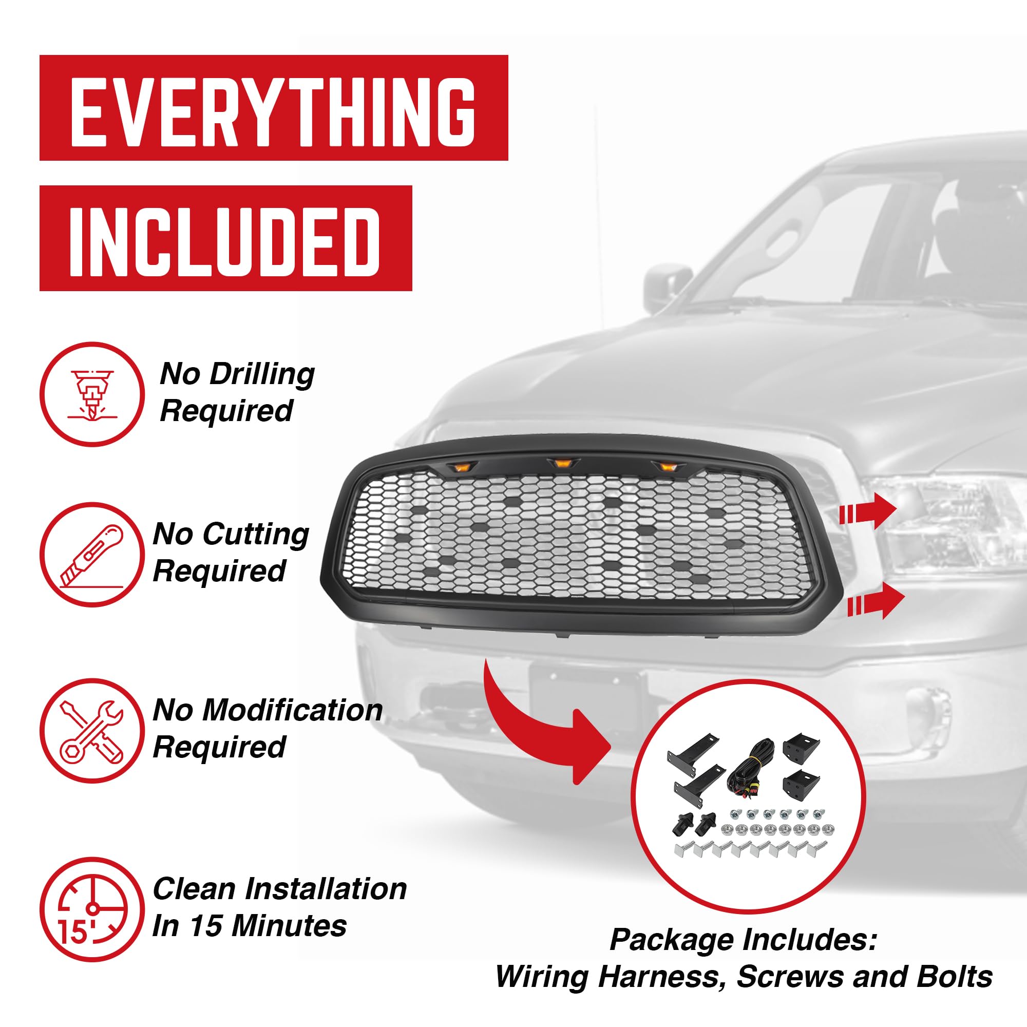 2013-2018 Dodge Ram 1500 Replacement Front Grille with Amber Lights - Matte Black Mesh Grill for Off-Road & Truck Customization | Enhanced Style & Durability for Pickup Trucks