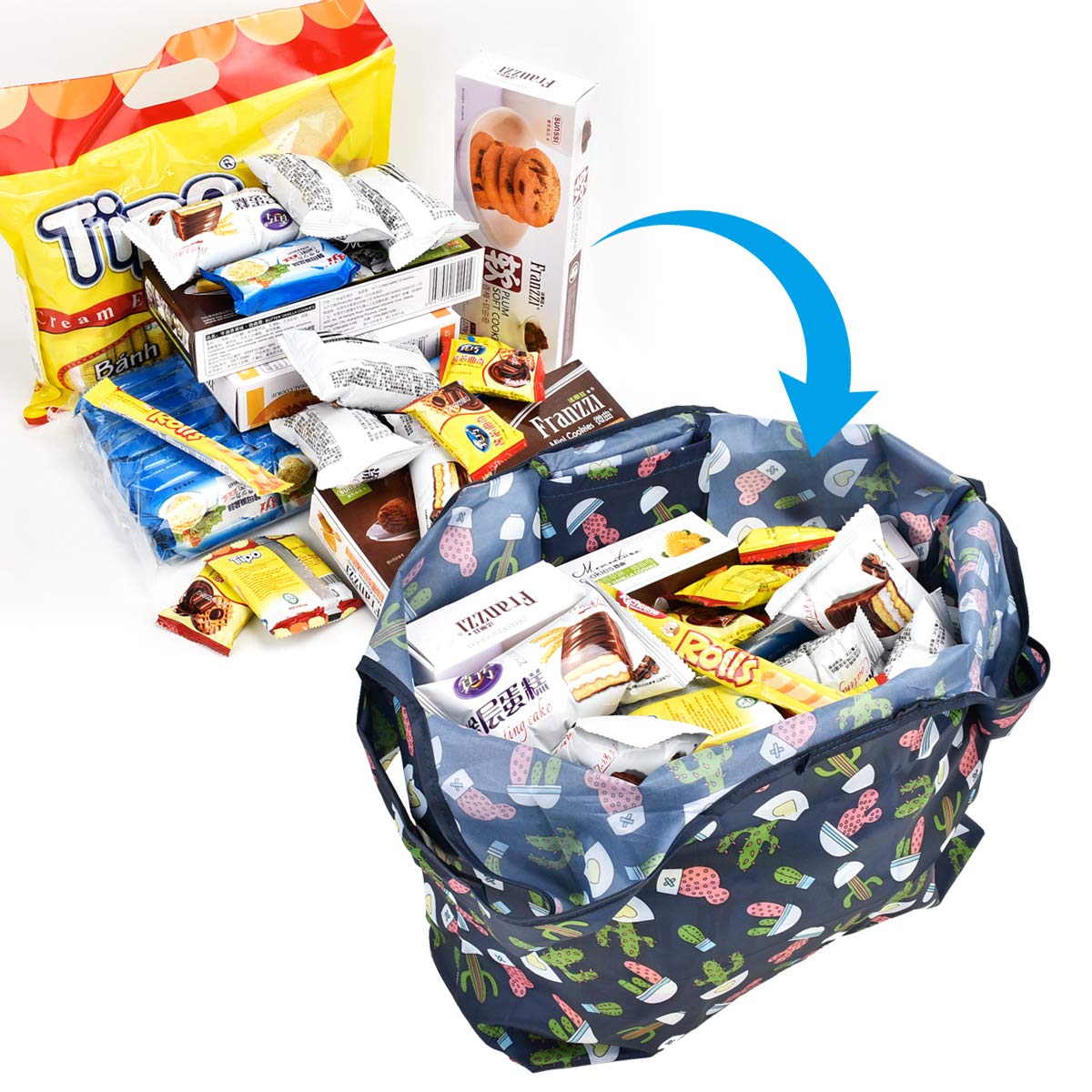Eco-Friendly Reusable Grocery Bags - Foldable Shopping Tote with Pouch (Blue Flamingo Print, 1 Pack) | Perfect for Grocery Shopping, Farmers Market & Beach Trips
