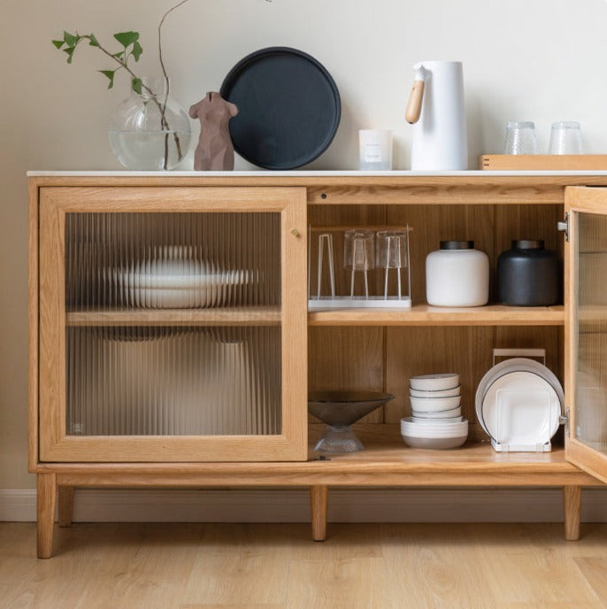 Solid Oak Wood Sideboard Buffet Cabinet - Rustic Dining Room Storage for Dishes, Linens & Entertaining Essentials