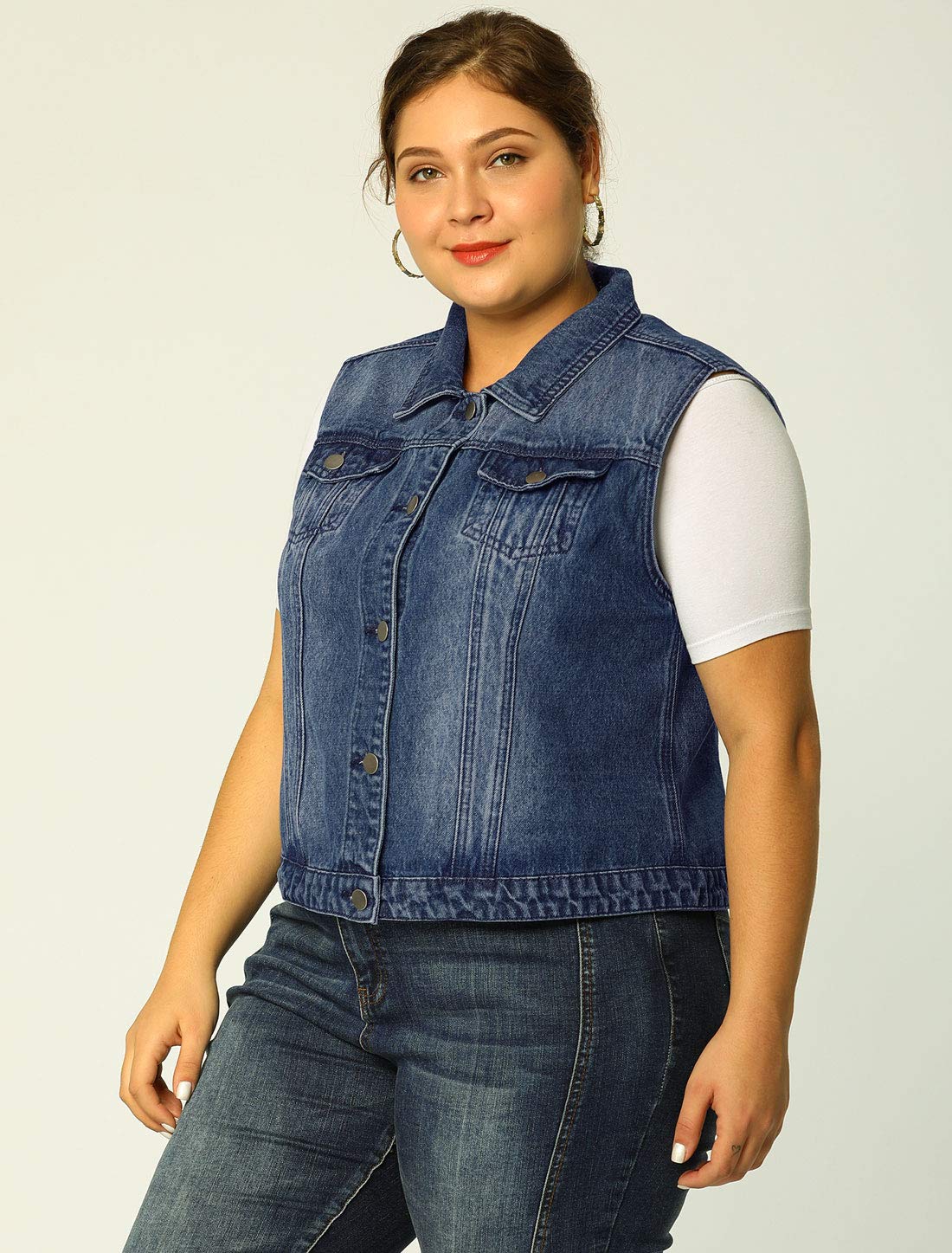 Women's Plus Size Denim Vest with Buttons & Two Chest Flap Pockets - Casual Jacket for Outdoor Activities, Streetwear & Layering Fashion