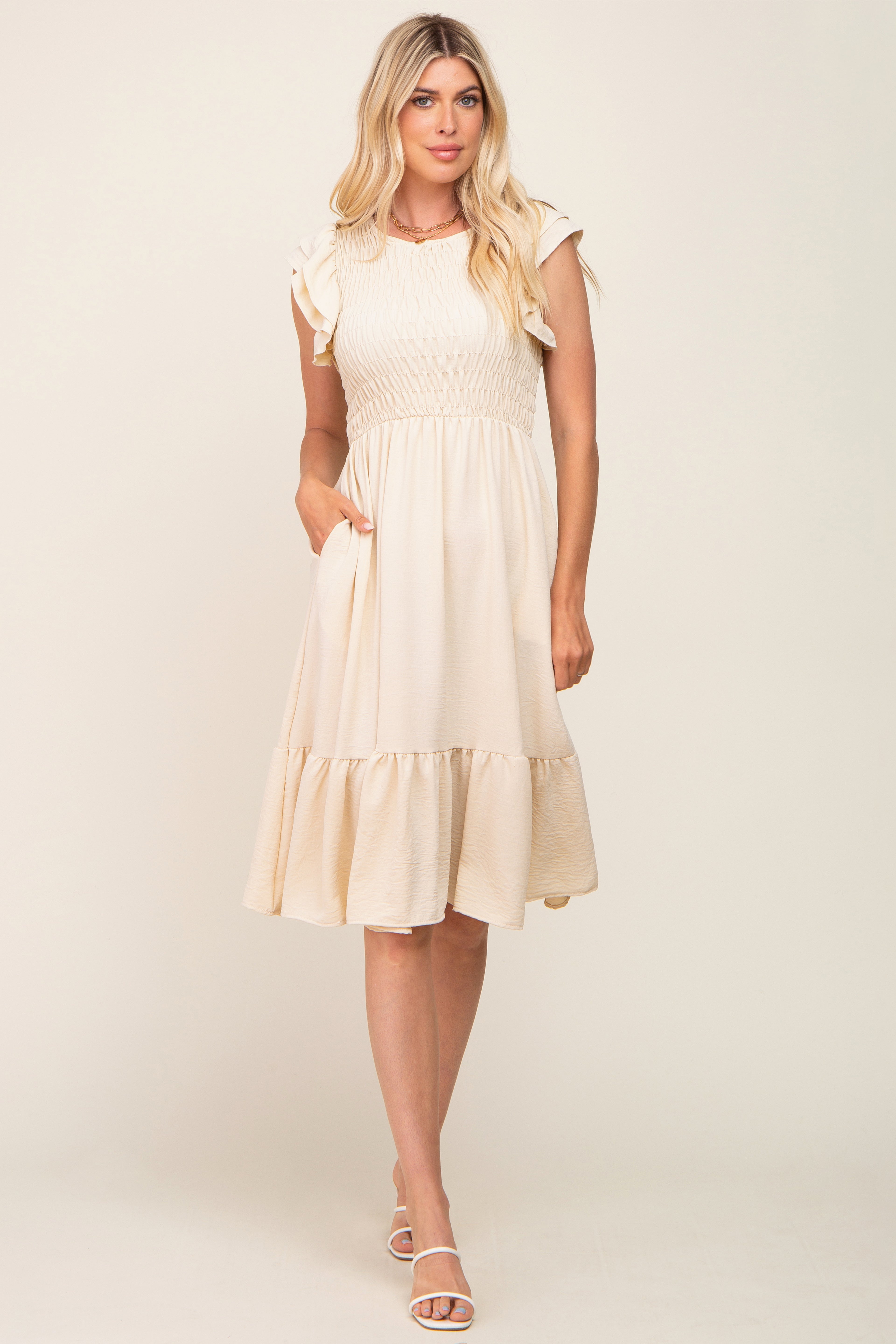 Beige Smocked Layered Ruffle Flutter Sleeve Midi Dress for Women | Summer Boho Chic Party Dress | Perfect for Beach Vacations, Weddings & Date Nights