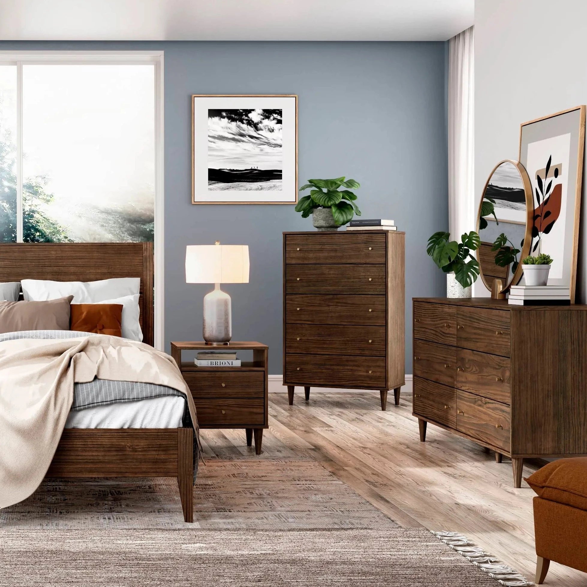 Mid Century Modern Bedroom Set - 5 Piece Brushed Walnut Wood Furniture for Bedroom | Perfect for Master Bedroom, Guest Room & Small Space Decor