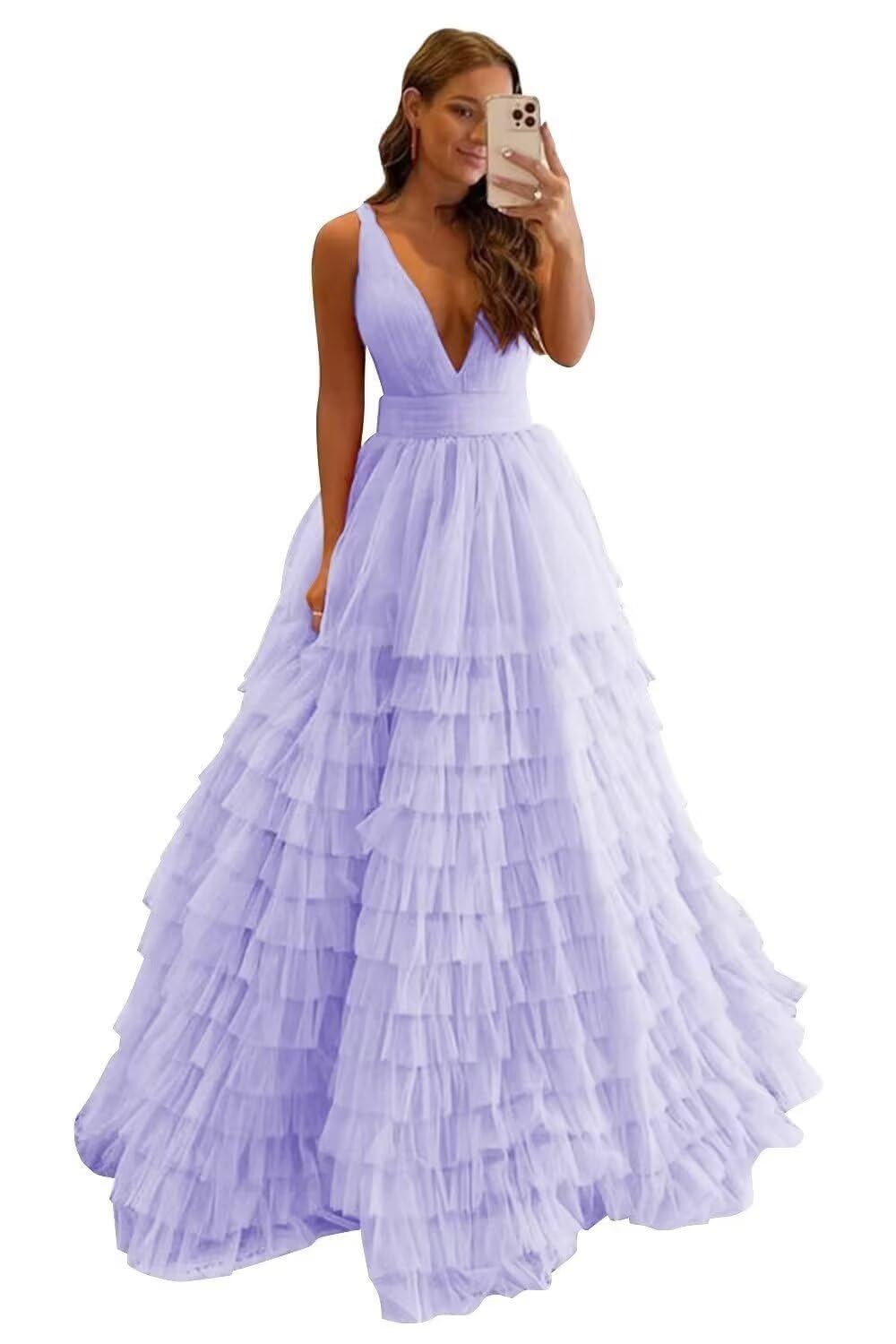 Elegant CWOAPO Tiered Tulle Prom Dress - Long Puffy Ball Gown with V-Neck & A-Line Silhouette for Weddings, Formal Evenings & Special Occasions | Perfect for Homecoming, Quinceañera & Black Tie Events