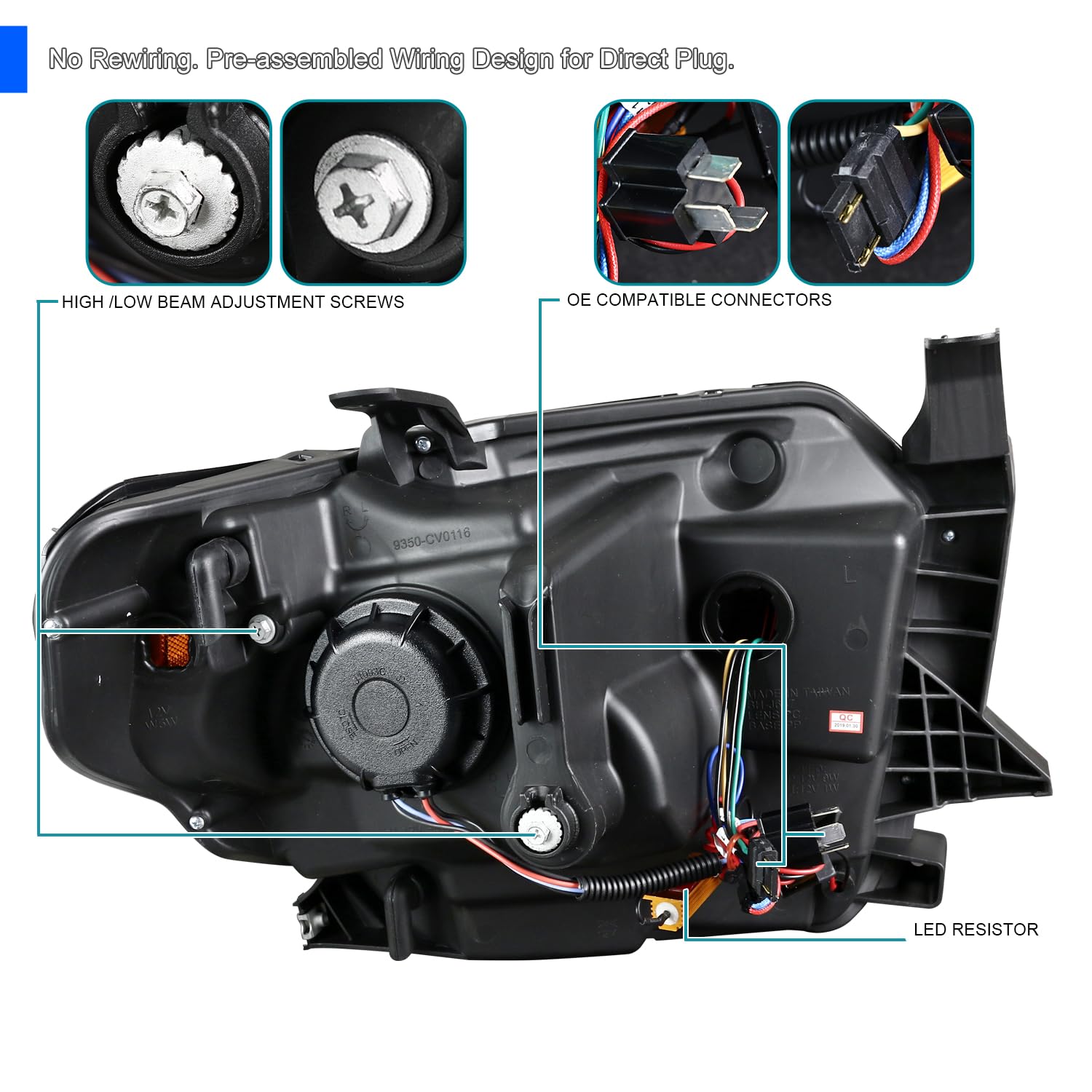 Spec-D Tuning Jet Black Projector Headlights with LED Light Bar - Compatible with 2014-2021 Toyota Tundra - Left & Right Pair Headlamp Assembly - Upgrade for Off-Road & Night Driving Visibility