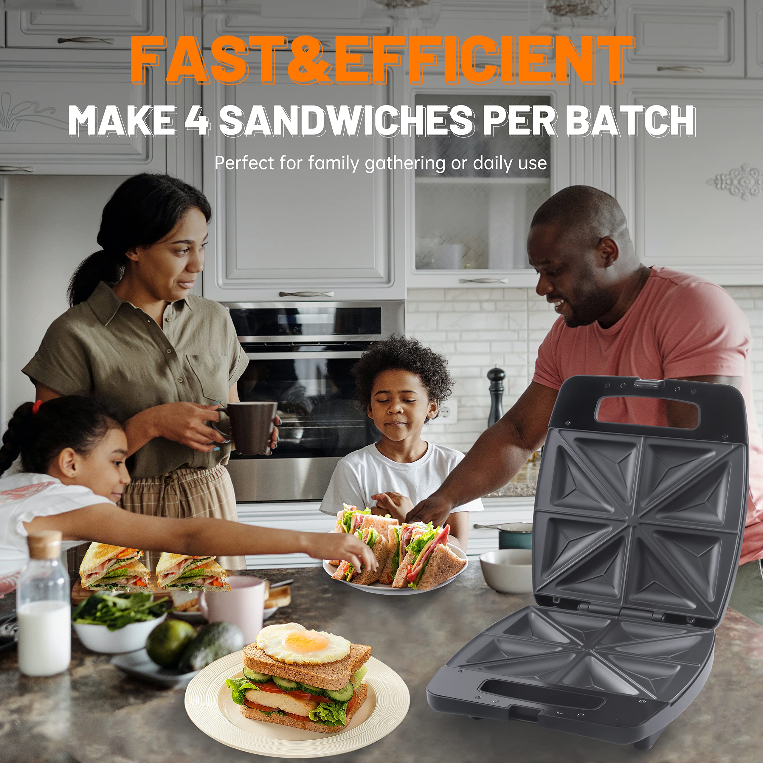 Electric Sandwich Maker Press Grill - 4 Slice Non-Stick Breakfast Sandwich Toaster for Grilled Cheese, Panini & Waffles | Perfect for Quick Breakfasts, Office Lunches & Family Snacks