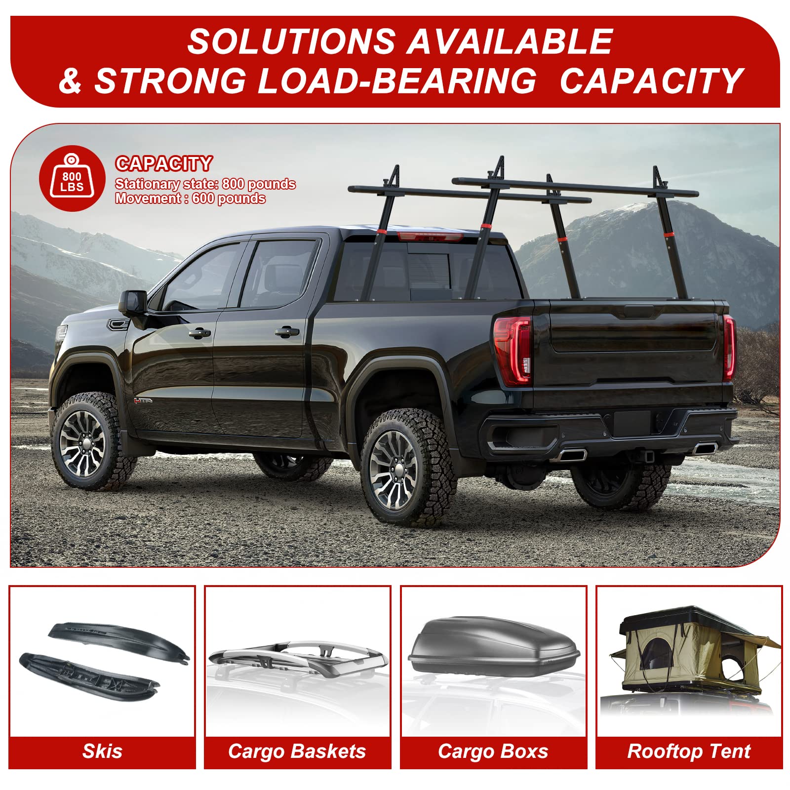 Heavy Duty Aluminum Truck Ladder Rack - Adjustable Universal Pickup Truck Bed Ladder Rack with 800 lbs Capacity (Black) | Perfect for Construction, Roofing & DIY Projects
