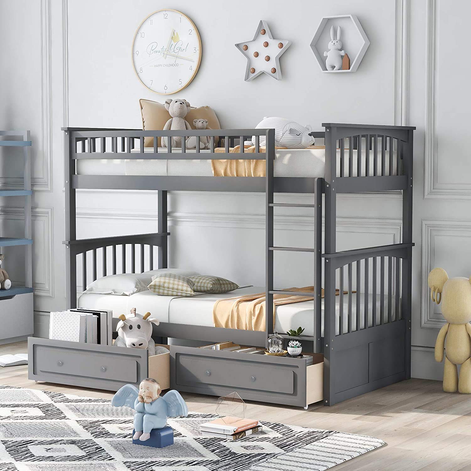 Twin Over Twin Bunk Bed with 2 Storage Drawers & Safety Ladder - Convertible Wooden Bunk Bed for Kids, Teens & Adults - Space-Saving Grey Bedroom Furniture for Small Rooms, Dorms & Guest Rooms