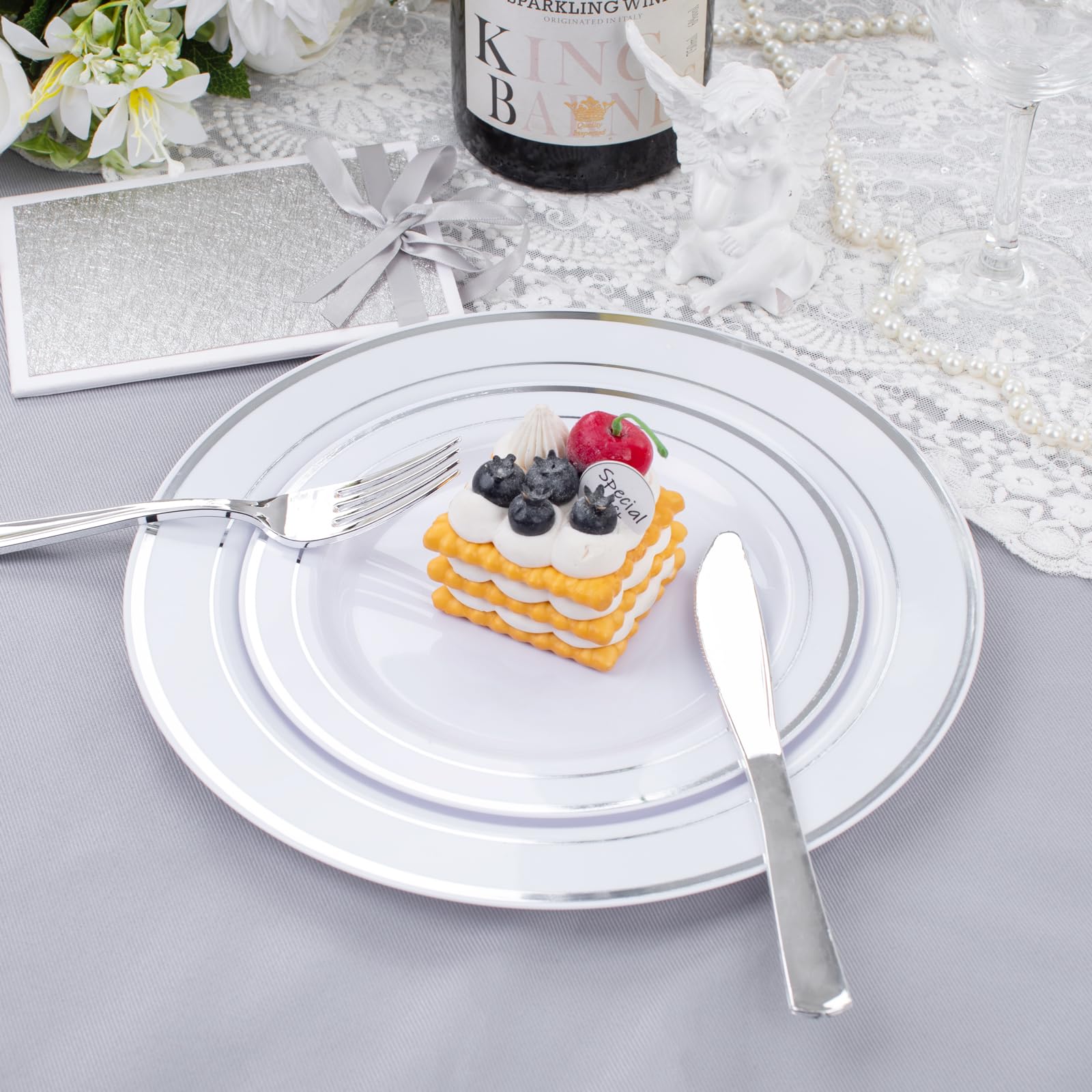 300-Piece Silver Plastic Dinnerware Set - 60 Disposable 10.25