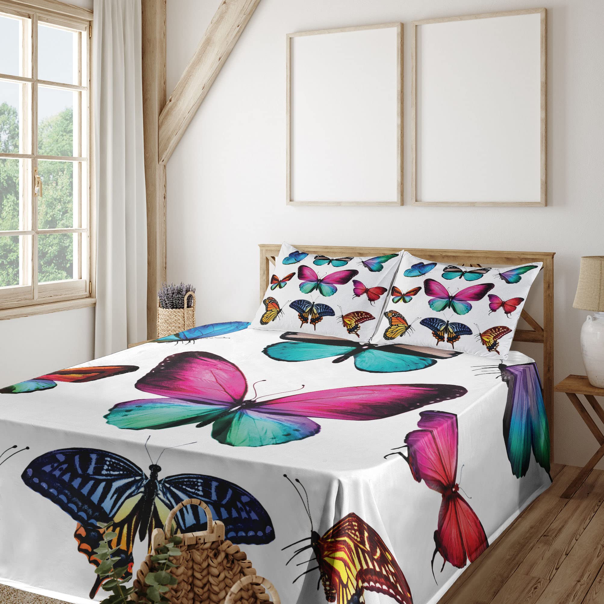 Ambesonne Butterfly 4-Piece King Sheet Set - Vibrant Spring Nature Design with Colorful Wings, Fitted & Flat Sheets + Pillowcases - Soft Bedding for Master Bedroom, Guest Room, or Dorm Decor
