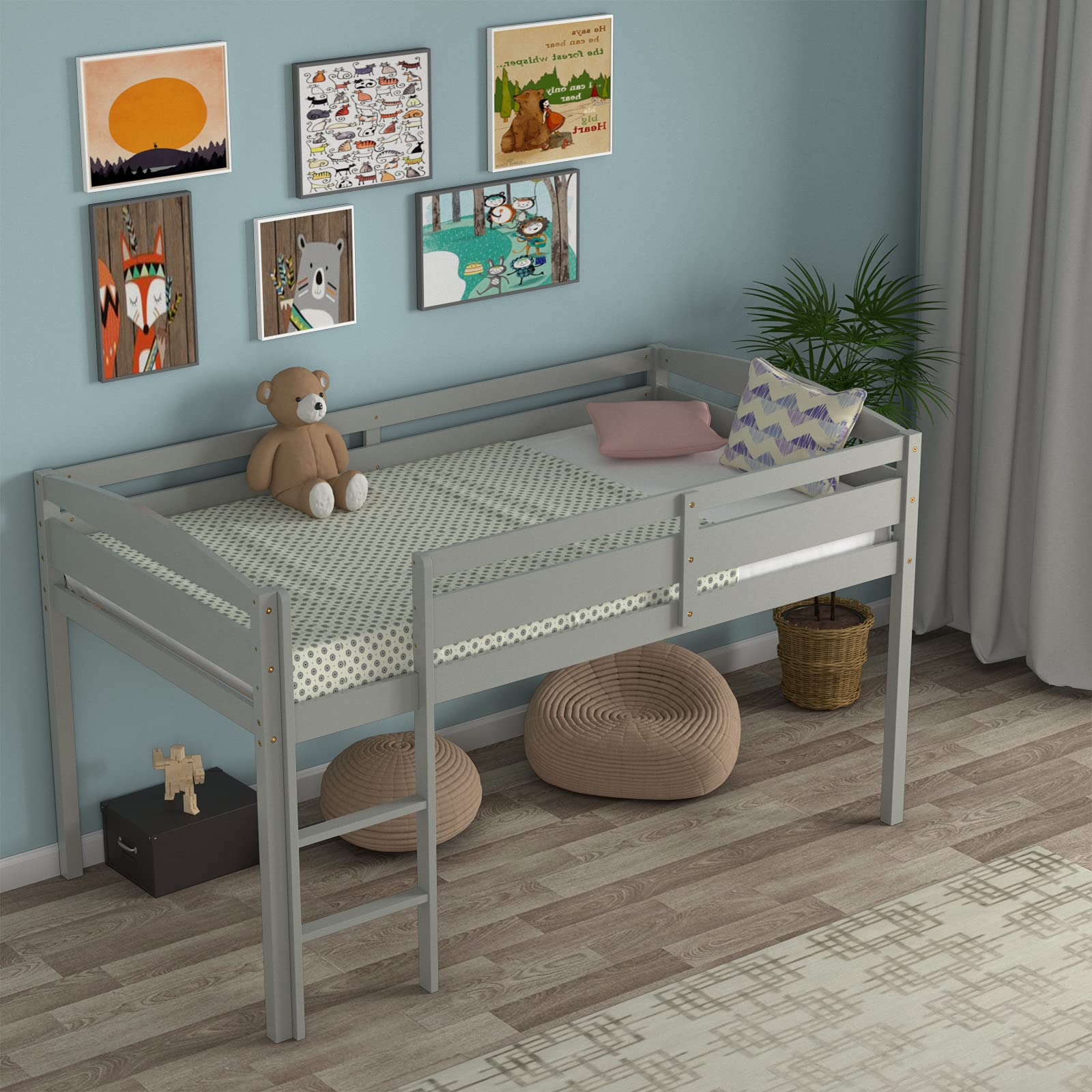 Costzon Twin Loft Bed with Storage - Solid Wood Low Bunk Bed with Guard Rail & Ladder for Kids - Space-Saving Bedroom Furniture for Boys & Girls - No Box Spring Needed - Classic Gray Children's Loft Bed - Perfect for Small Rooms, Dormitories & Shared Kids' Bedrooms