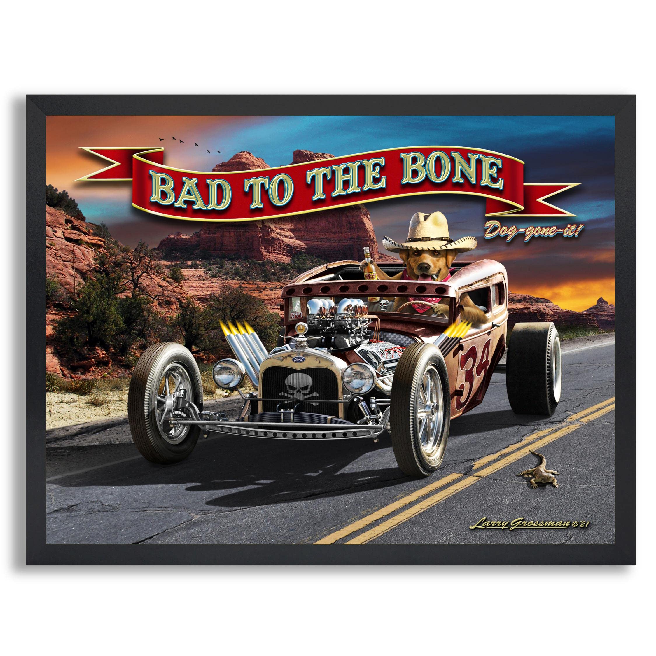Bad to The Bone Dog in Car Framed Wall Art Print - Vintage Dog & Car Decor for Home, Office, Bedroom & Living Room - Unique Gift for Pet Lovers & Auto Enthusiasts | Perfect for Man Cave, Garage, or Auto Shop Decor
