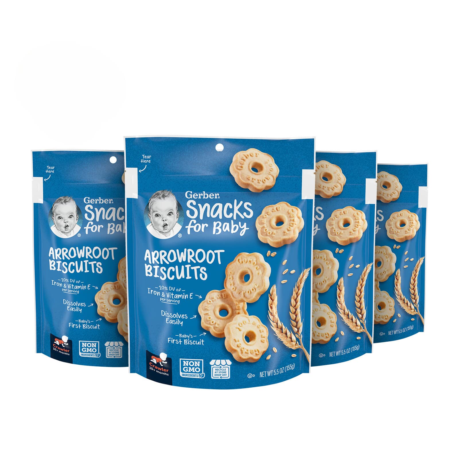 Organic Gerber Baby Arrowroot Biscuits - 5.5oz Pouch (Pack of 4) | Healthy Teething Snacks for Infants | Perfect for On-the-Go, Daycare & Travel