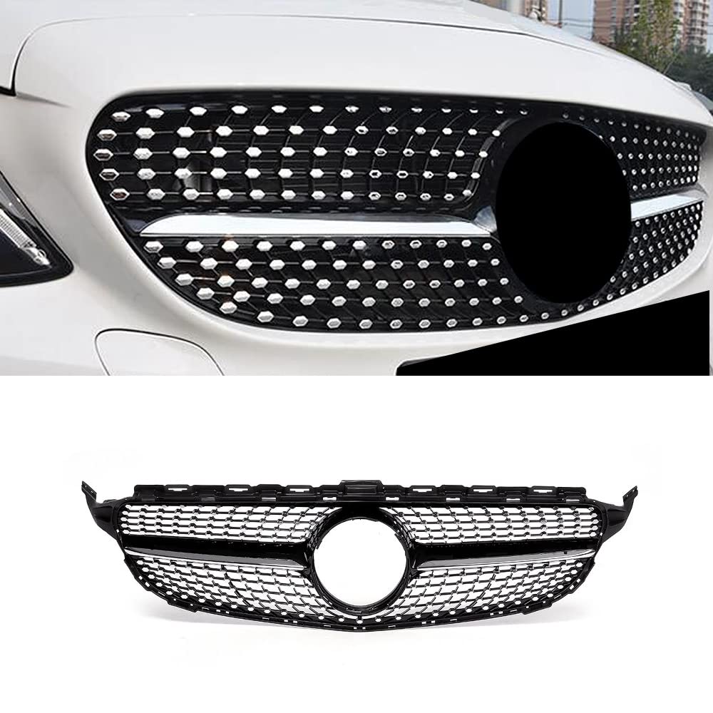 SNA W205 Silver Diamond Grille for 2015-2018 Mercedes C-Class (C250 C300 C350 C400) - Chrome Diamond Mesh Front Grill - Not Fit C63 AMG | Upgrade Your Car's Style for Street & Show