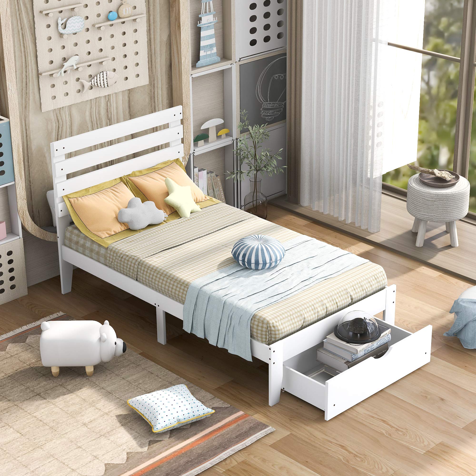 Solid Wood Platform Bed Frame with Storage Drawers - Twin Size White Wooden Storage Bed for Kids, Teens & Adults - No Box Spring Needed - Space Saving Bedroom Furniture for Small Rooms & Apartments