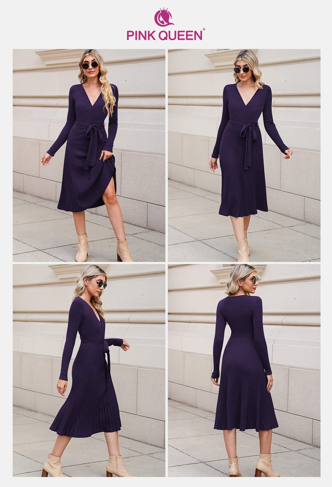 Pink Queen Women's Wrap Sweater Dress - V Neck Long Sleeve Ribbed Knit Midi Dress with Belt | Casual Office Wear, Fall Winter Outfits, Date Night Dresses