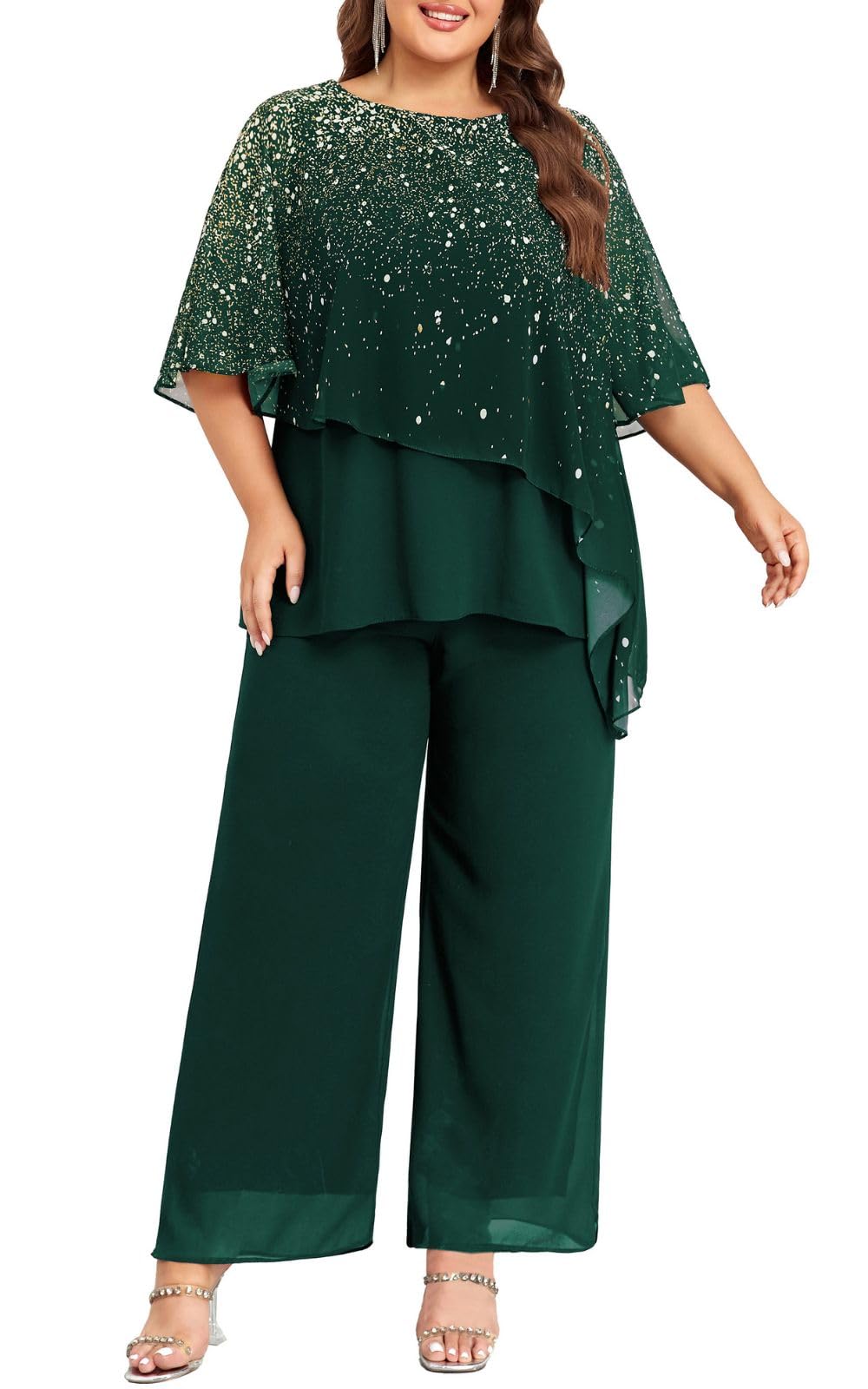Hanna Nikole 2024 Plus Size Mother of Bride Pant Suits - 2 Piece Ruffle Chiffon Set with Gradient Print for Wedding Guest Outfit - Perfect for Formal Events, Receptions & Special Occasions