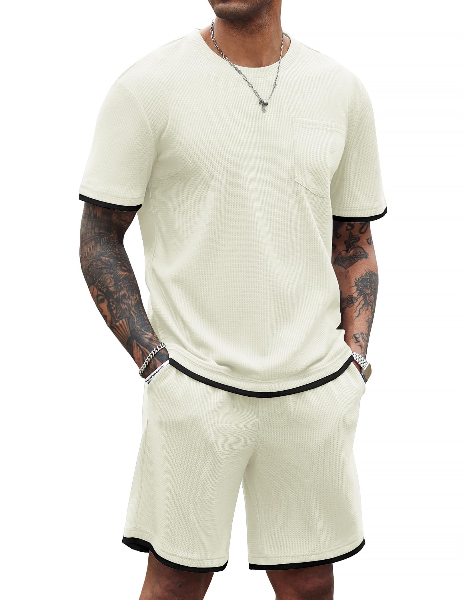 COOFANDY Men's Waffle Knit Shirt & Shorts 2-Piece Lounge Set - Breathable Summer Casual Outfit with Pockets for Home, Gym & Outdoor Activities