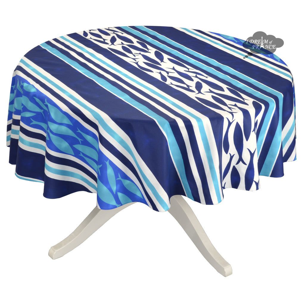 Le Cluny 70 Round Fish Pattern Acrylic Coated Cotton French Tablecloth - Elegant Dining Decor for Kitchen, Restaurant & Outdoor Parties
