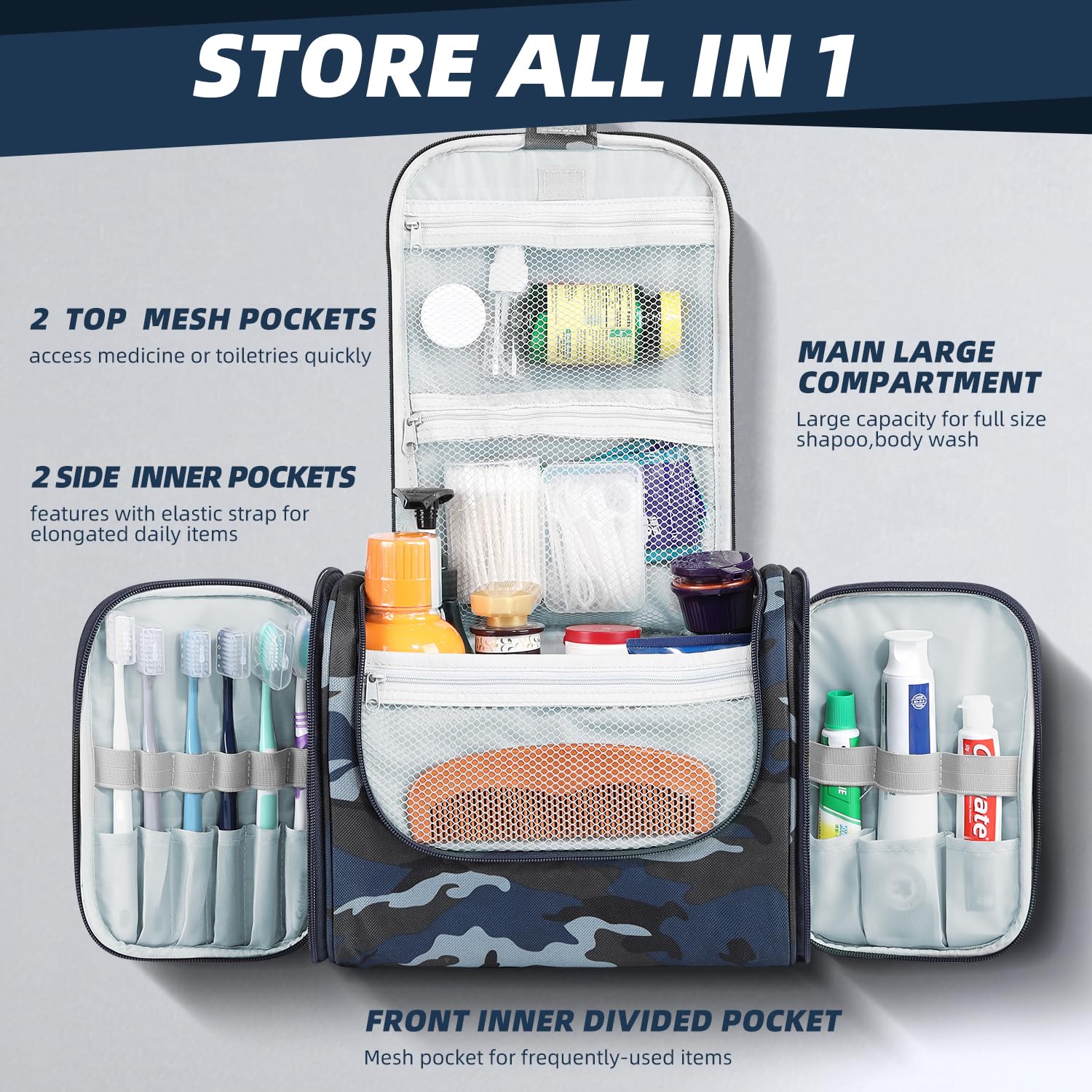 Large Water-resistant Hanging Toiletry Bag for Women & Men - Spacious Travel Cosmetic Organizer with Multiple Pockets, Perfect for Makeup, Shaving Kit & Full-sized Toiletries (Camo Blue) | Ideal for Camping, Gym, Business Trips & Vacation Essentials