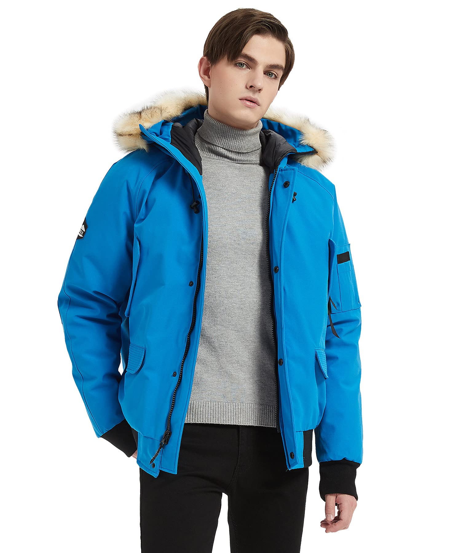 PUREMSX Unisex Winter Bomber Jacket - Thick Vegan Down Flight Coat with Removable Fur Hood - Windproof & Warm for Outdoor Activities, Travel & Casual Wear