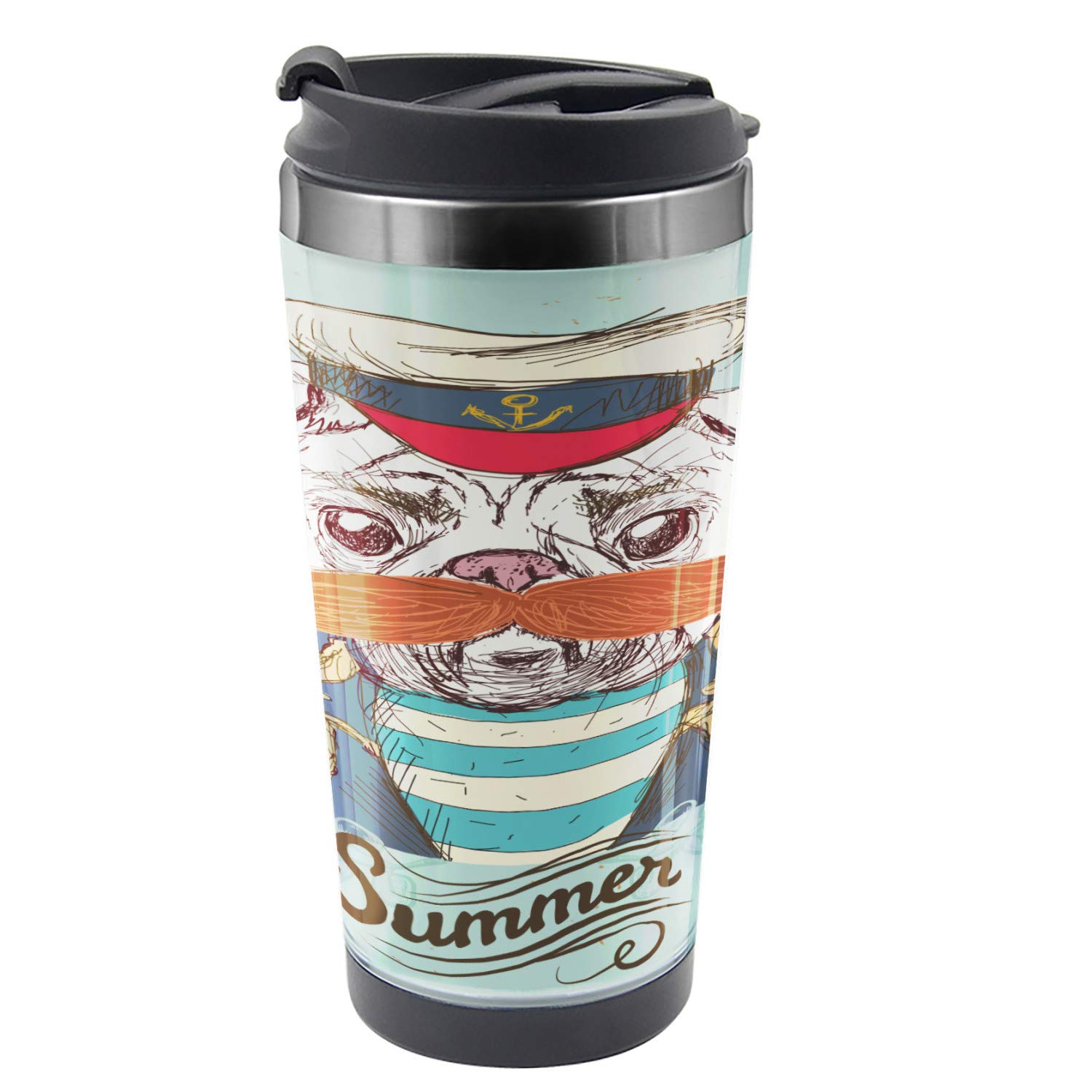 Ambesonne Pug Travel Mug - 16oz Stainless Steel Thermal Cup with Captain Dog Design in Pale Blue & Navy | Insulated Coffee Tumbler for Hot & Cold Drinks | Perfect for Commuting, Camping & Office Use