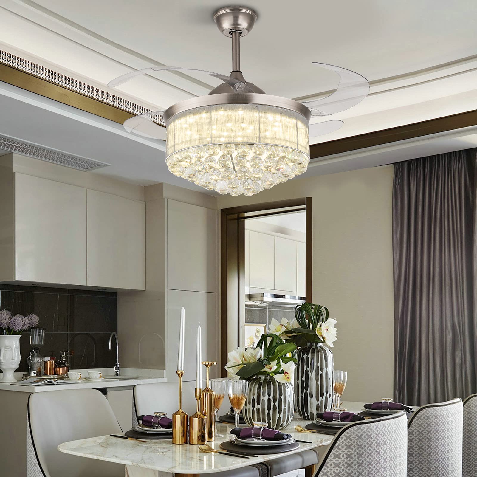 36 Inch Invisible Crystal Ceiling Fan with Light - Modern Retractable Ceiling Fan with Remote Control, Metal Body & Acrylic Lampshade - Perfect for Living Room, Dining Room, Bedroom Decoration & Air Circulation