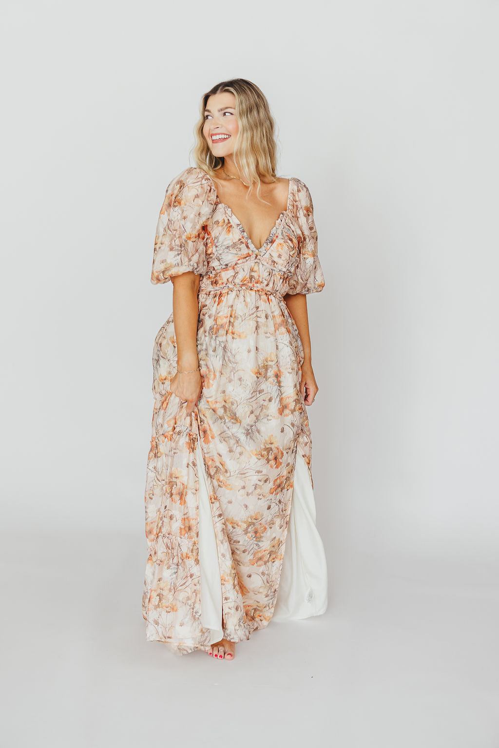 Bump Friendly Daphne Maxi Dress in Beige Multi - Inclusive Sizing S to 3XL for Maternity, Plus Size & Casual Wear