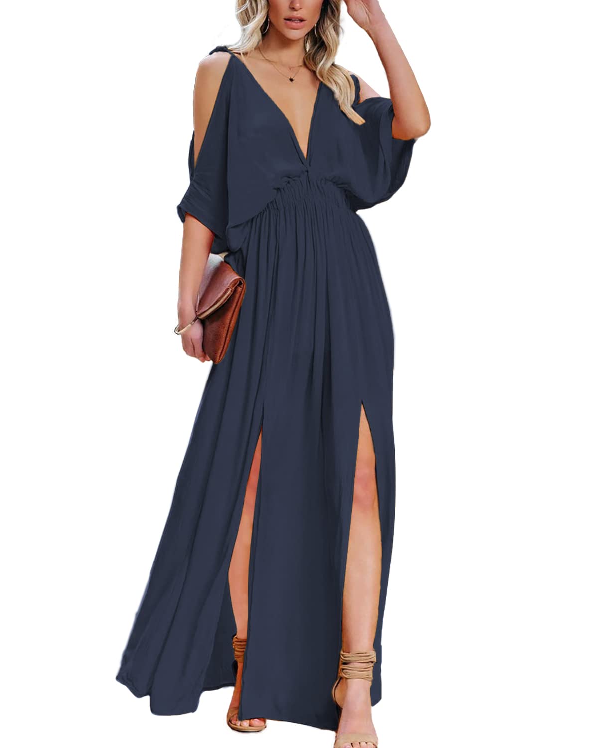DEEP SELF Women's Summer V-Neck Cold Shoulder Short Sleeve Maxi Dress - High Waist Split Wedding Guest Long Dress for Beach Vacation, Party & Special Occasions