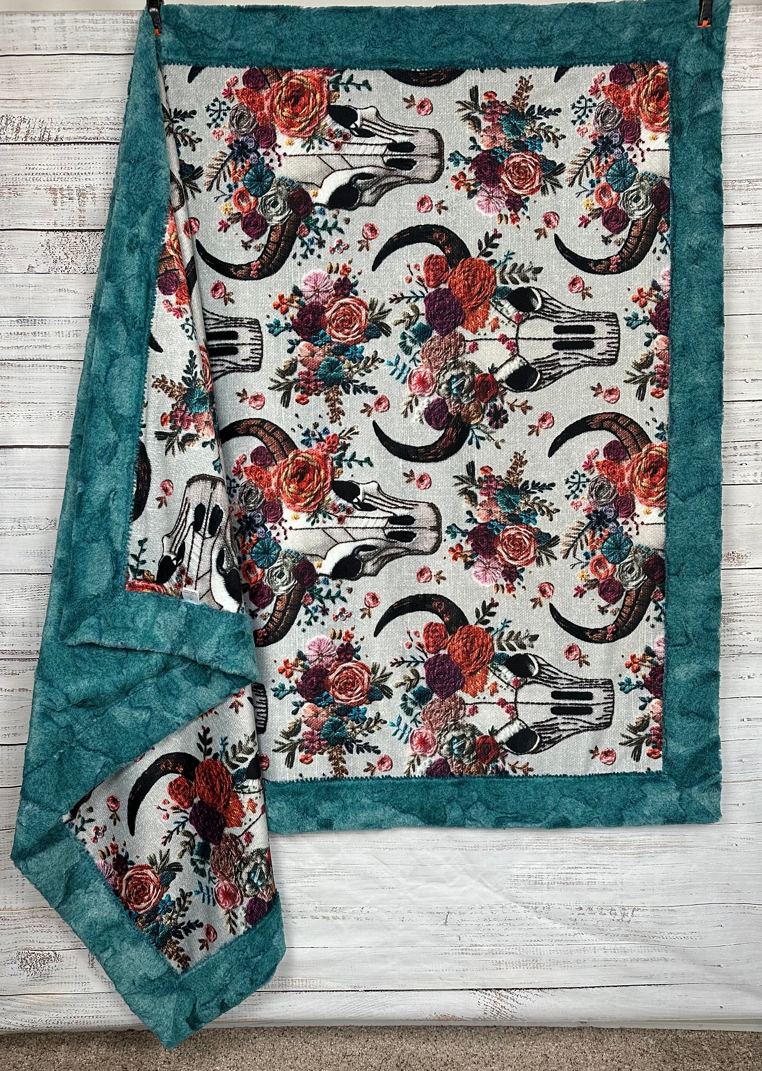 Western Floral Skull Embroidery Print Minky Blanket 55x79 Inches - Soft Luxe Lagoon Blue Throw Blanket for Couch, Bed, Sofa, Gift & Home Decor