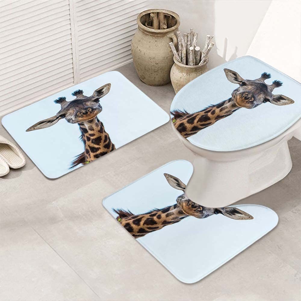 Premium Non-Slip Giraffe Head Bathroom Rug Set - 3 Piece U-Shaped Contour Floor Mat & Toilet Cover - Soft Absorbent Microfiber for Bath, Shower & Vanity Areas - Neutral Colors for Modern Home Decor