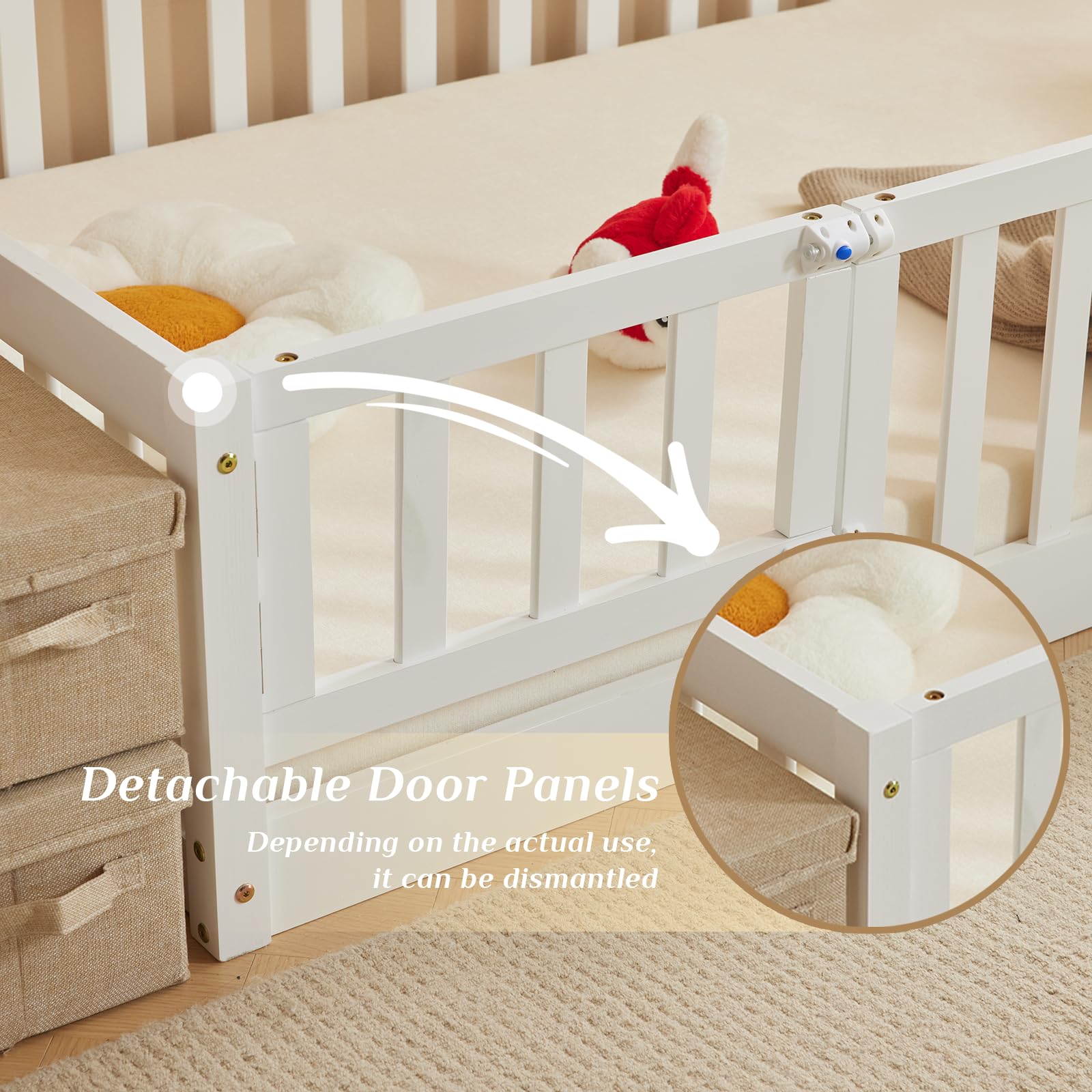 Montessori Toddler Floor Bed with Safety Guardrails - Solid Wood Twin Bed Frame for Kids, Girls & Boys - White Karl Home Bed with 12 Slats, Door & Fence | Perfect for Montessori Rooms, Daycare Centers & Safe Toddler Sleeping Spaces