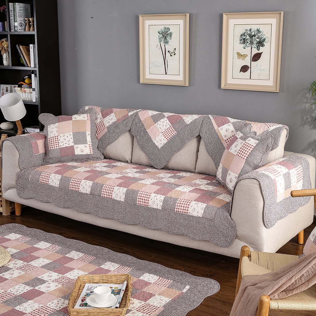 VCTOPS Floral Patchwork Boho Cotton Quilted Sofa Cover - Non-Slip Sectional Couch Slipcover for Pets & Kids - 36x63 Inch Furniture Protector (Red) - Perfect for Living Room, Bedroom & Home Decor