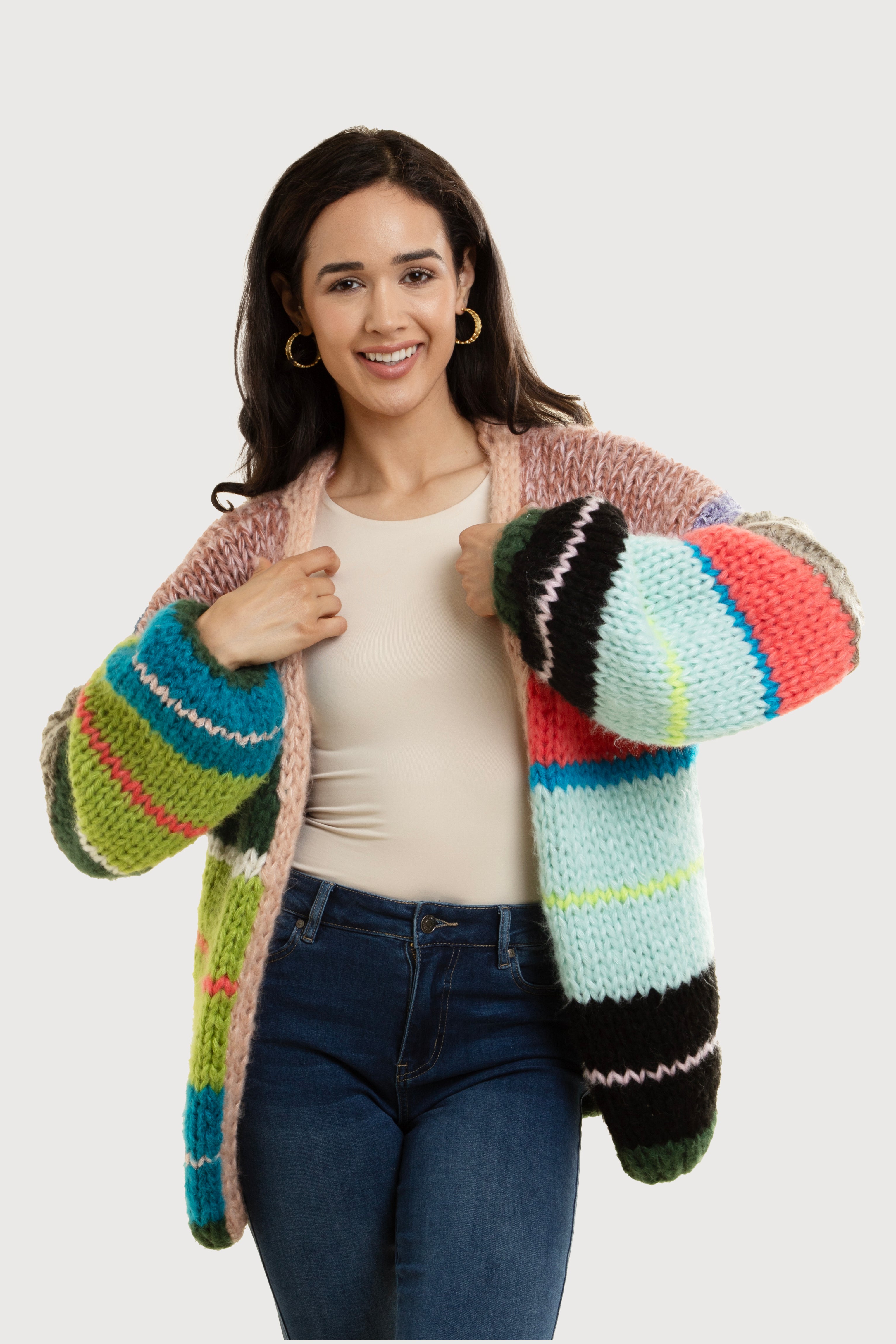 Colorful Knitted Rainbow Multitone Cardigan for Women - Cozy & Stylish Layering for Fall & Winter Outfits
