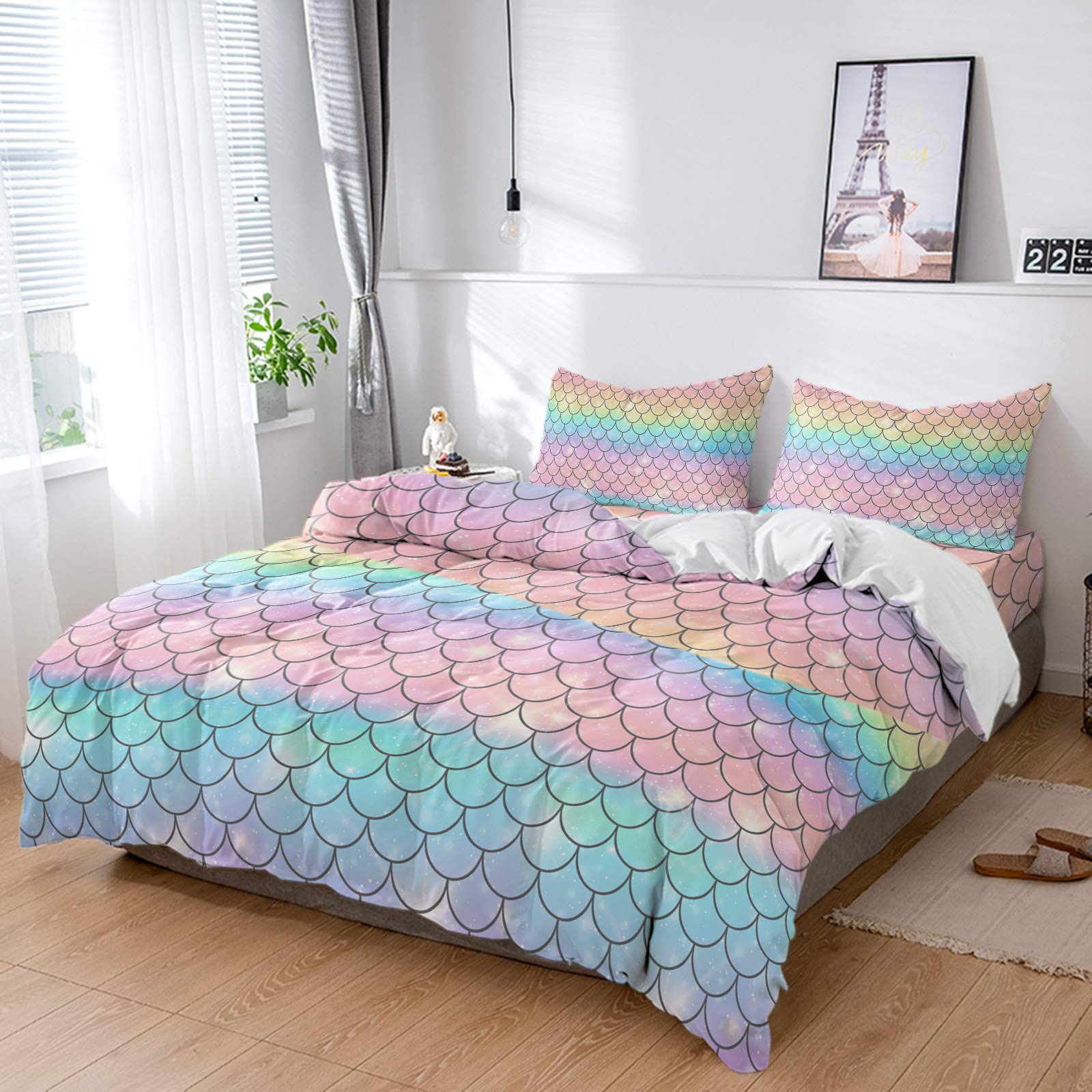 Queen 4-Piece Bedding Set - Ocean Blue & Purple Mermaid Scales Duvet Cover & Pillowcases - Soft Breathable Fish Scale Geometric Design - Washable Bed Sheets for Bedroom, Dorm, Guest Room - Perfect for Coastal Decor, Mermaid Theme Rooms & Luxury Bedroom Makeovers