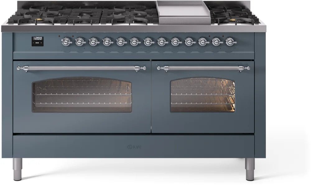 ILVE Nostalgie II 60 Inch Dual Fuel Natural Gas Range - Blue Grey with Chrome Trim (UP60FNMPBGC) | Professional Kitchen Appliance for Home Chefs & Restaurants
