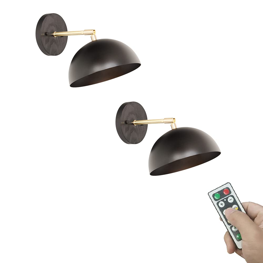 2-Lights Battery Operated 55 Lumens LED Wall Sconce with Remote Control - Dimmable, Wireless, Black Metal Semi-Circle Modern Design - Easy Installation for Corridor, Loft, Bedroom, Living Room, and Hallway Lighting