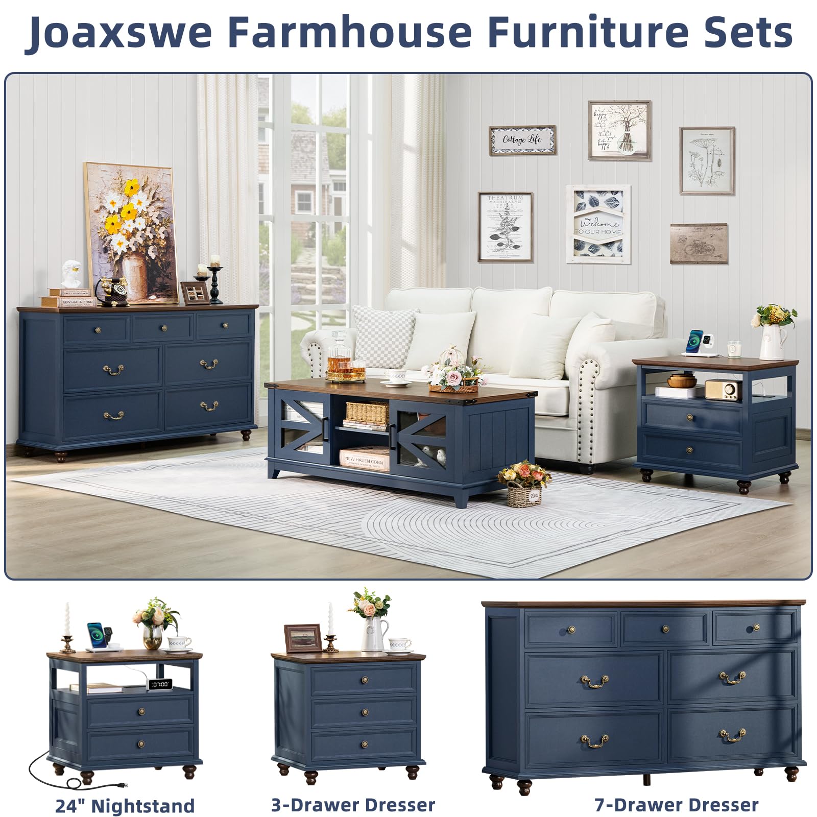 Farmhouse Style Nightstand Set of 2 with Charging Station & 7-Drawer Wood Dresser - 54