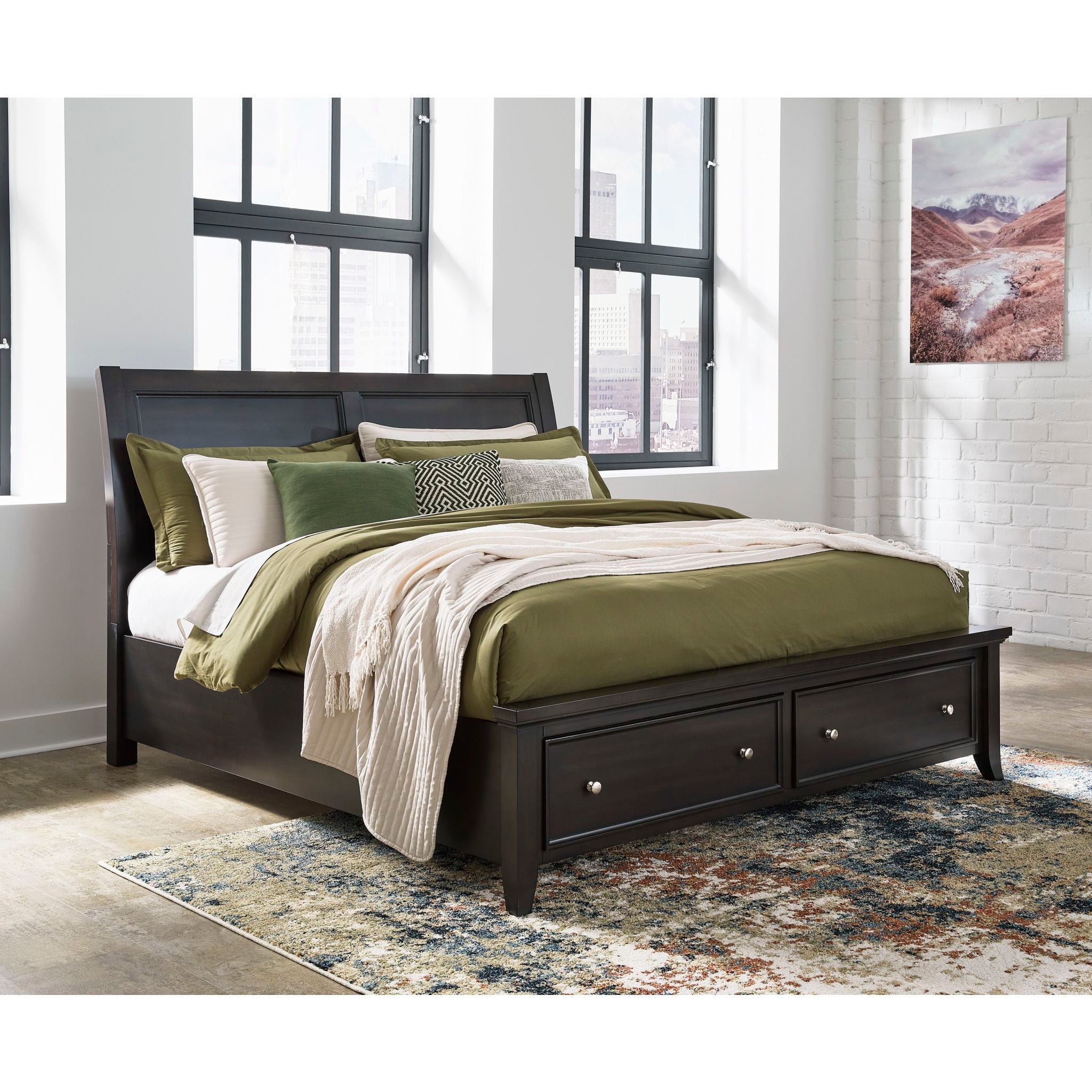 Bambori Exclusive 5-Piece Sleigh Bedroom Set - Queen Size Bed Frame, Nightstand & Dresser - Elegant Solid Wood Bedroom Furniture for Master Bedroom Decor