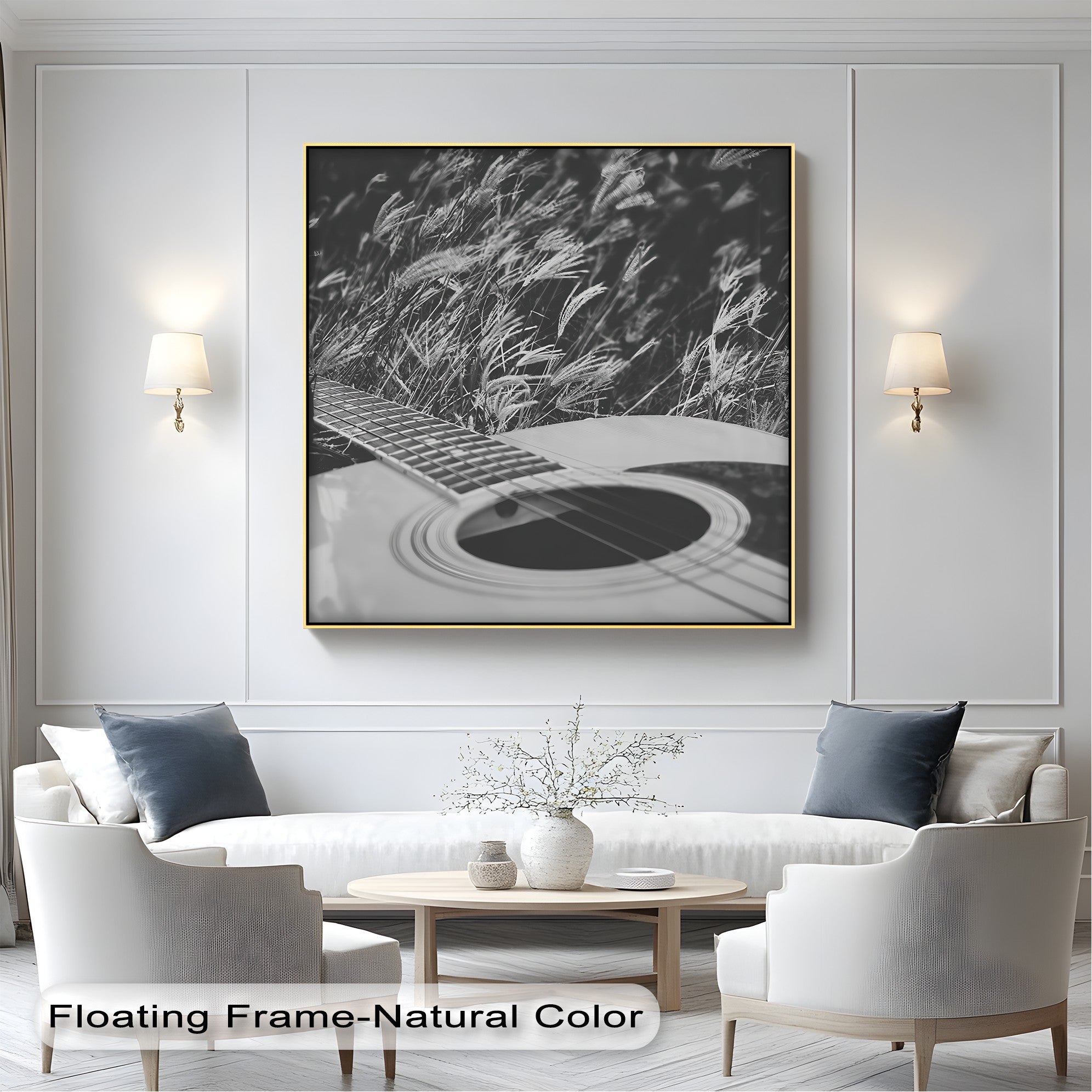 Acoustic Guitar in Field - Black and White Nature Music Canvas Prints | Wall Art Decor for Living Room, Bedroom & Office | Music Lover Gift