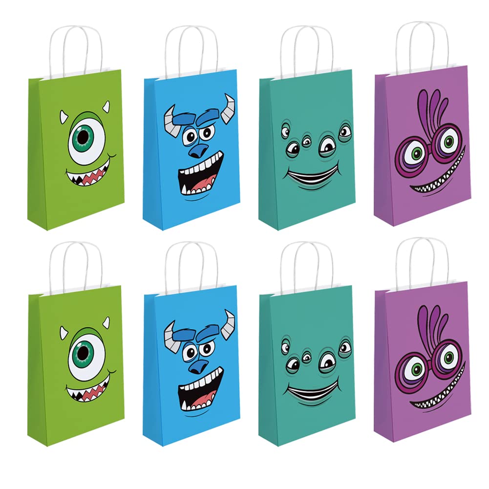 16 PCS Monster Themed Party Gift Bags - Kraft Paper Goodie Bags for Kids & Adults Birthday Party Supplies - Halloween Favor Candy Bags - Perfect for Monster Bash Decorations, Classroom Treats & Birthday Party Favors