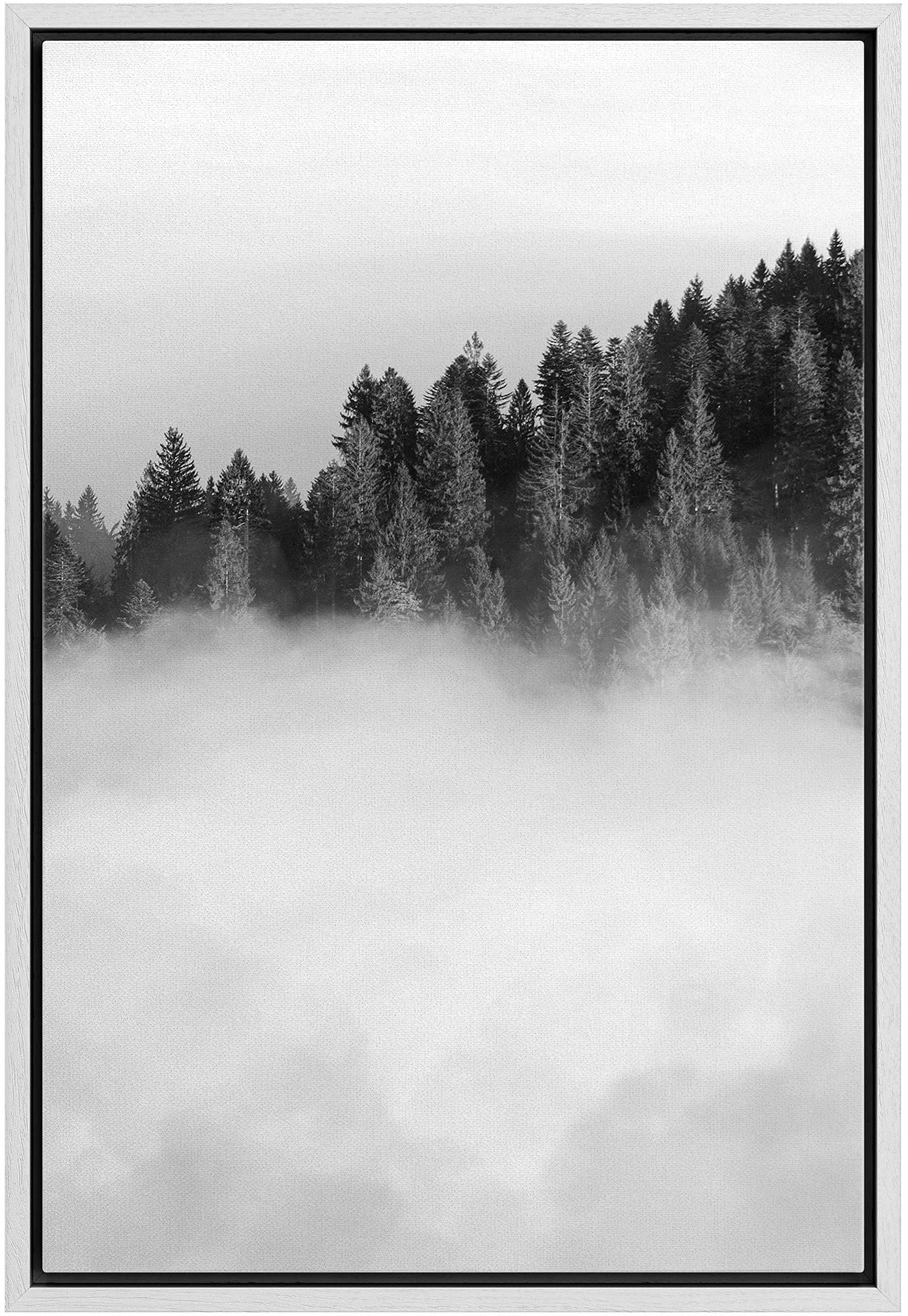 IDEA4WALL Framed Canvas Print - Black & White Forest Mist Woodland Nursery Decor, Nature Wilderness Realism Rustic Dramatic Wall Art for Living Room, Bedroom, Office, 16