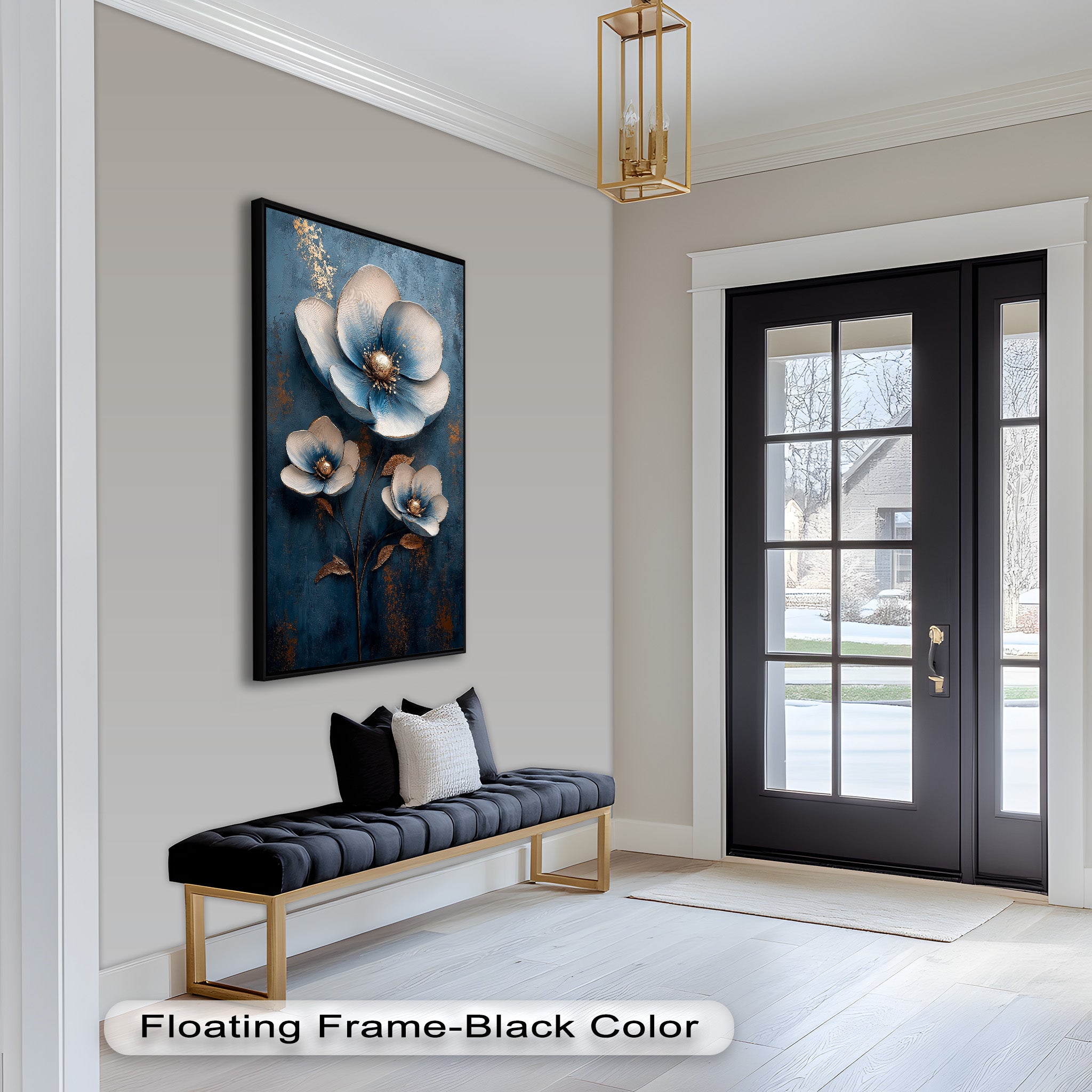 Blue and Gold Flower Modern Oil Painting - Handmade Canvas Wall Art for Living Room, Bedroom & Office Decor